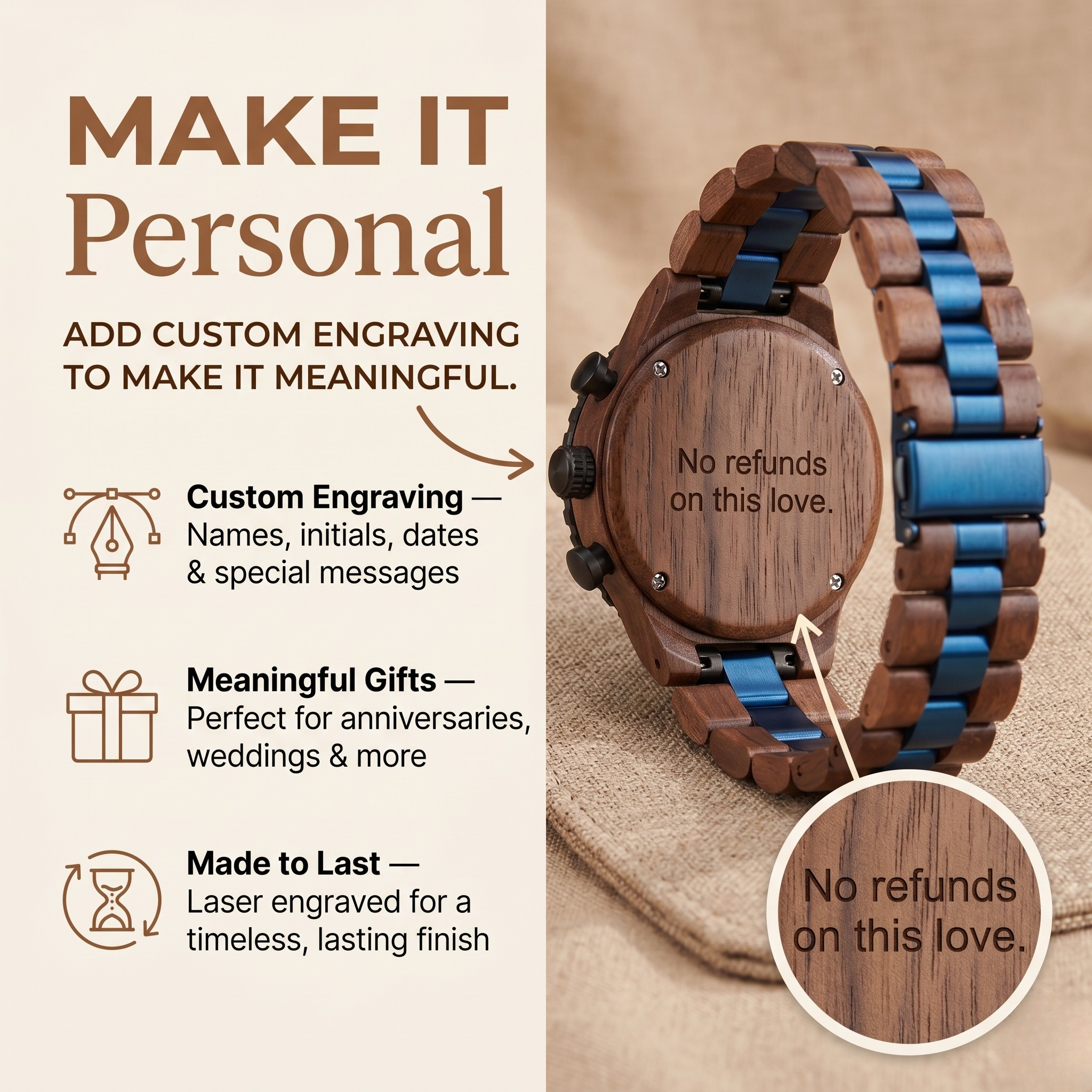 Zebrawood chronograph watch with blue dial and blue inlaid wood strap