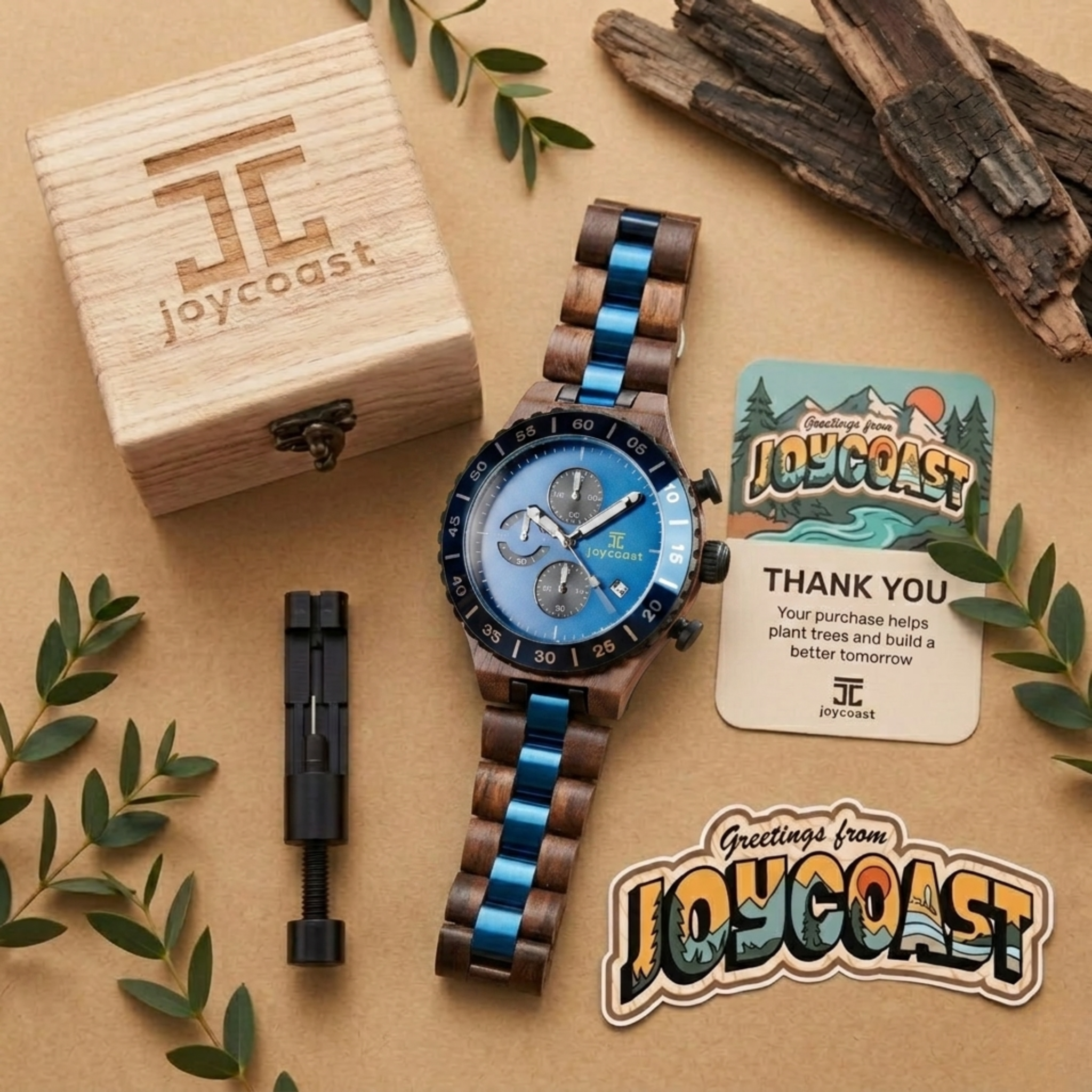 Zebrawood chronograph watch with blue dial and alternating blue wood links
