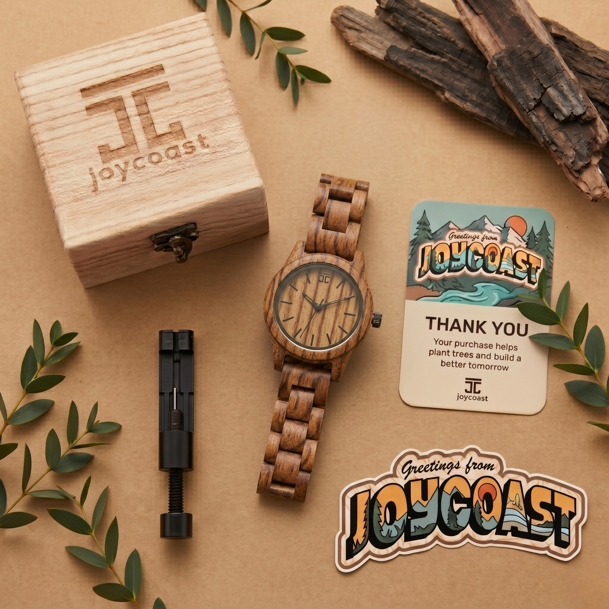 Wooden bracelet watch with round dial displayed with gift boxes and thank-you cards
