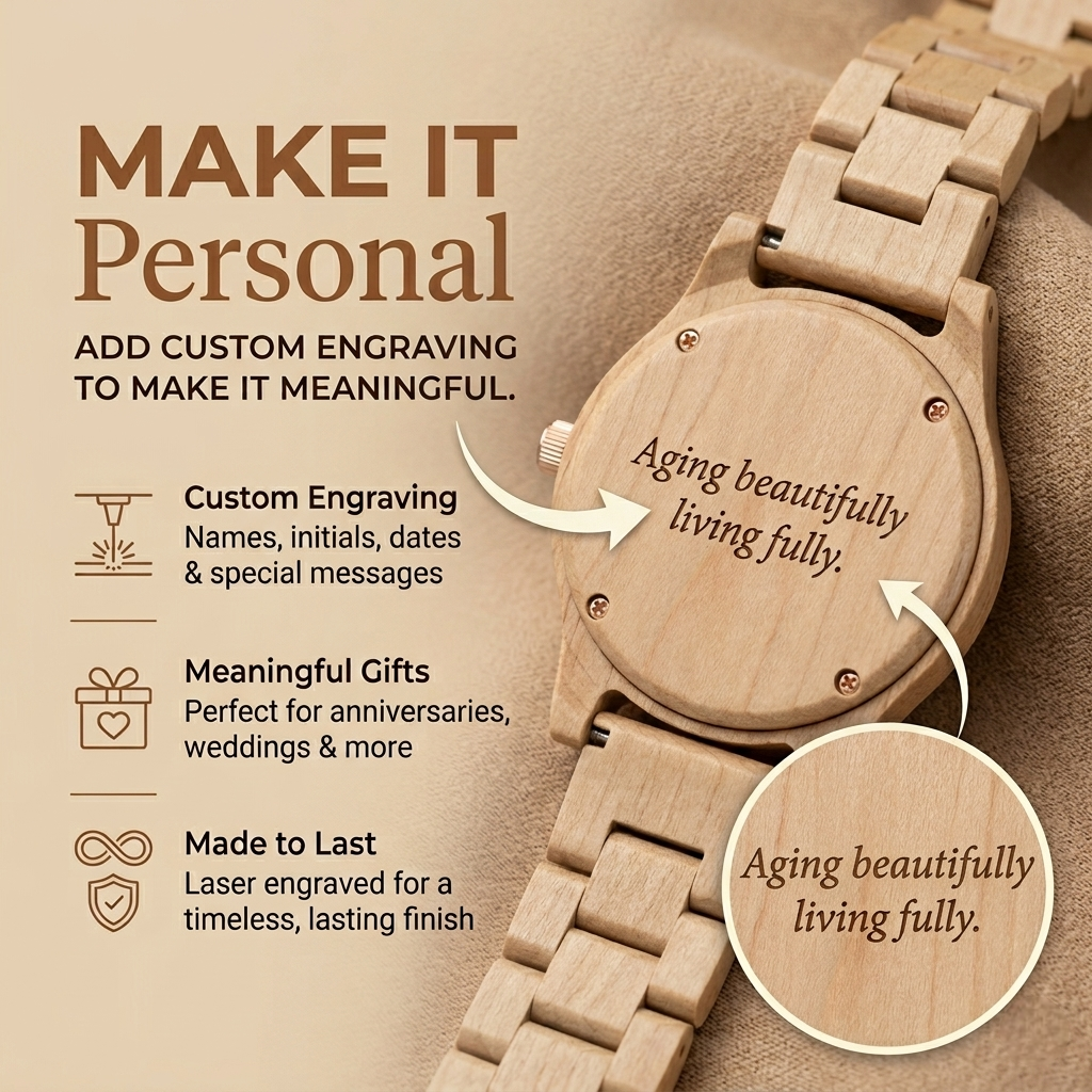 Engraved light wood watch with rose-gold tone bezel and pale dial, metal hands