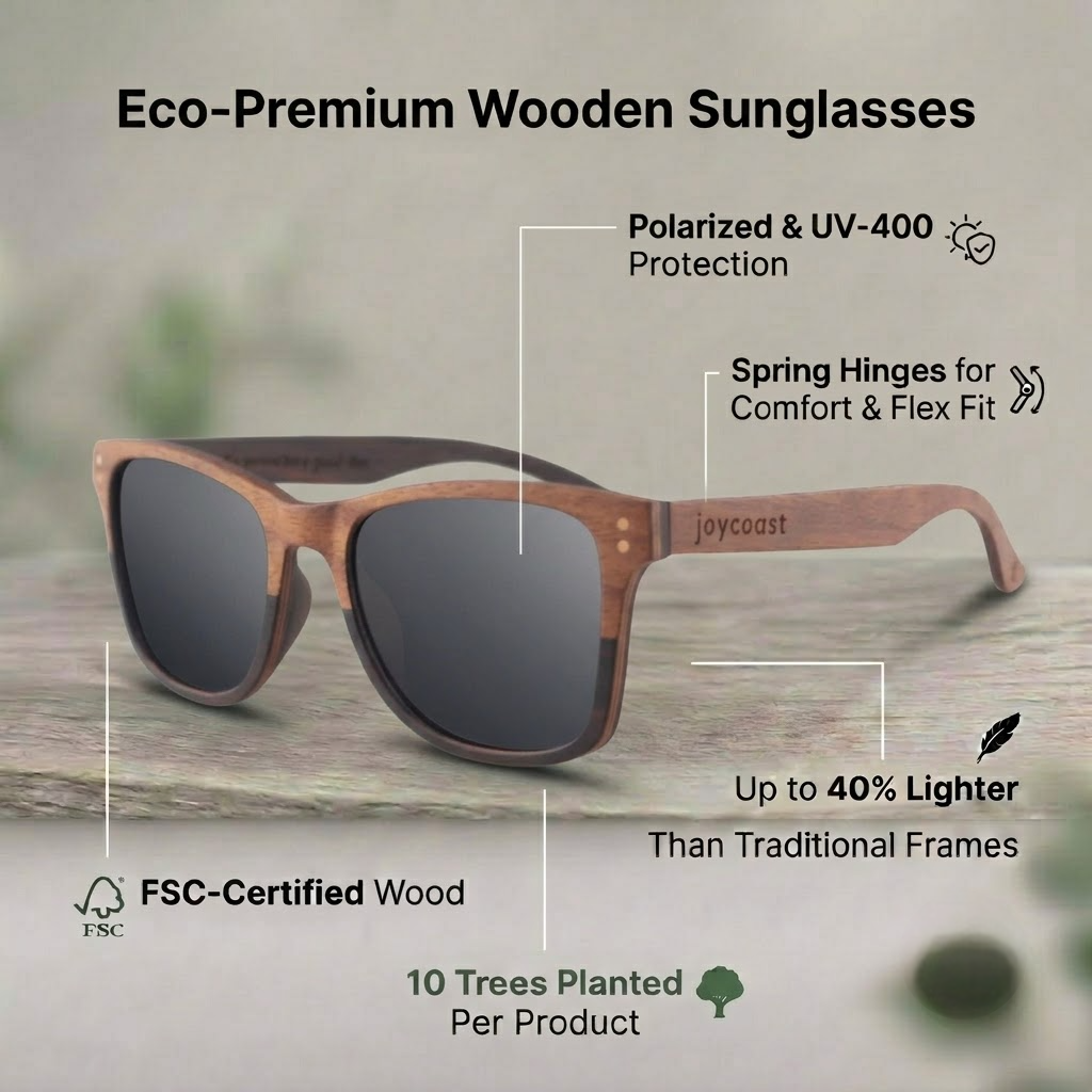 Wooden wayfarer sunglasses with dark lenses and branded temple lettering