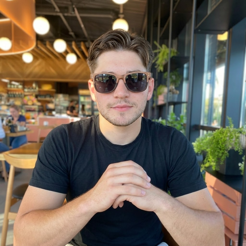 Wooden wayfarer sunglasses on a man with dark lenses and a squared frame