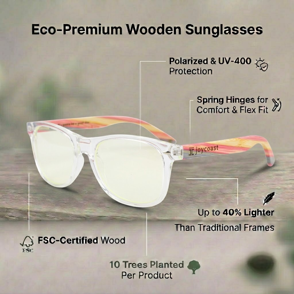 Bamboo blue light blocking glasses with clear lenses and colorful translucent frame arms