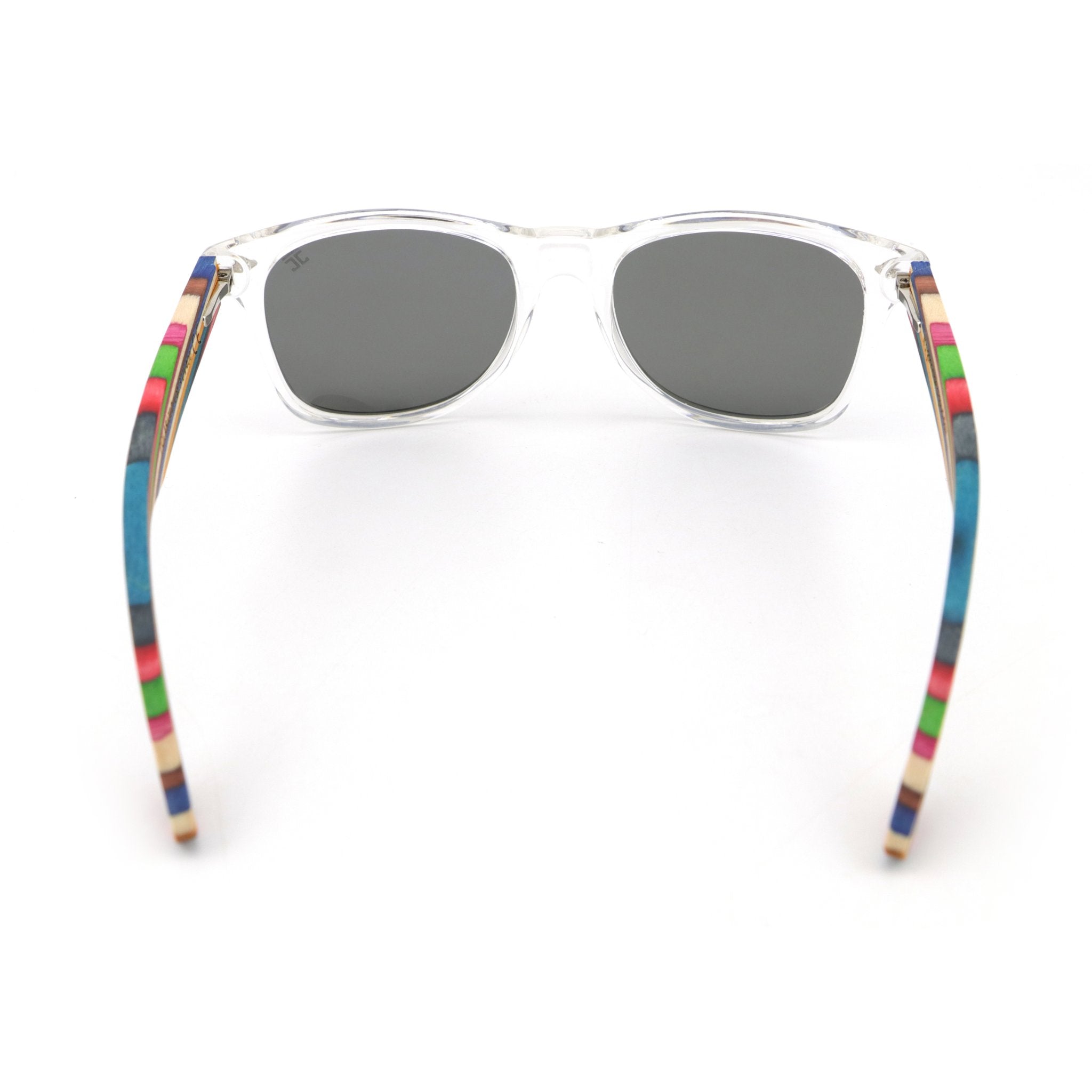 Clear frame sunglasses with dark lenses and multicolor bamboo arms, side profile