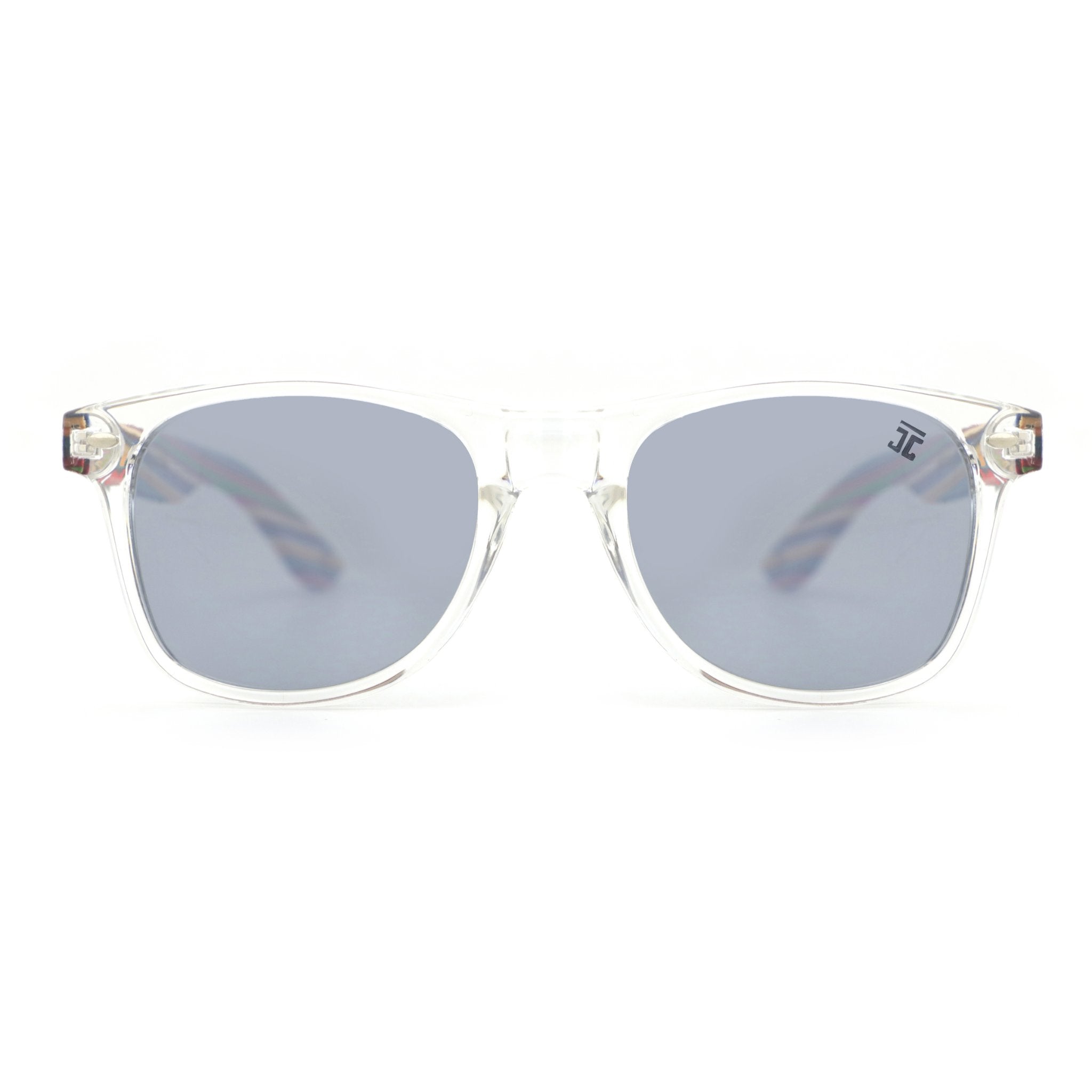 Clear frame sunglasses with dark gray lenses and metal bridge, Joycoast