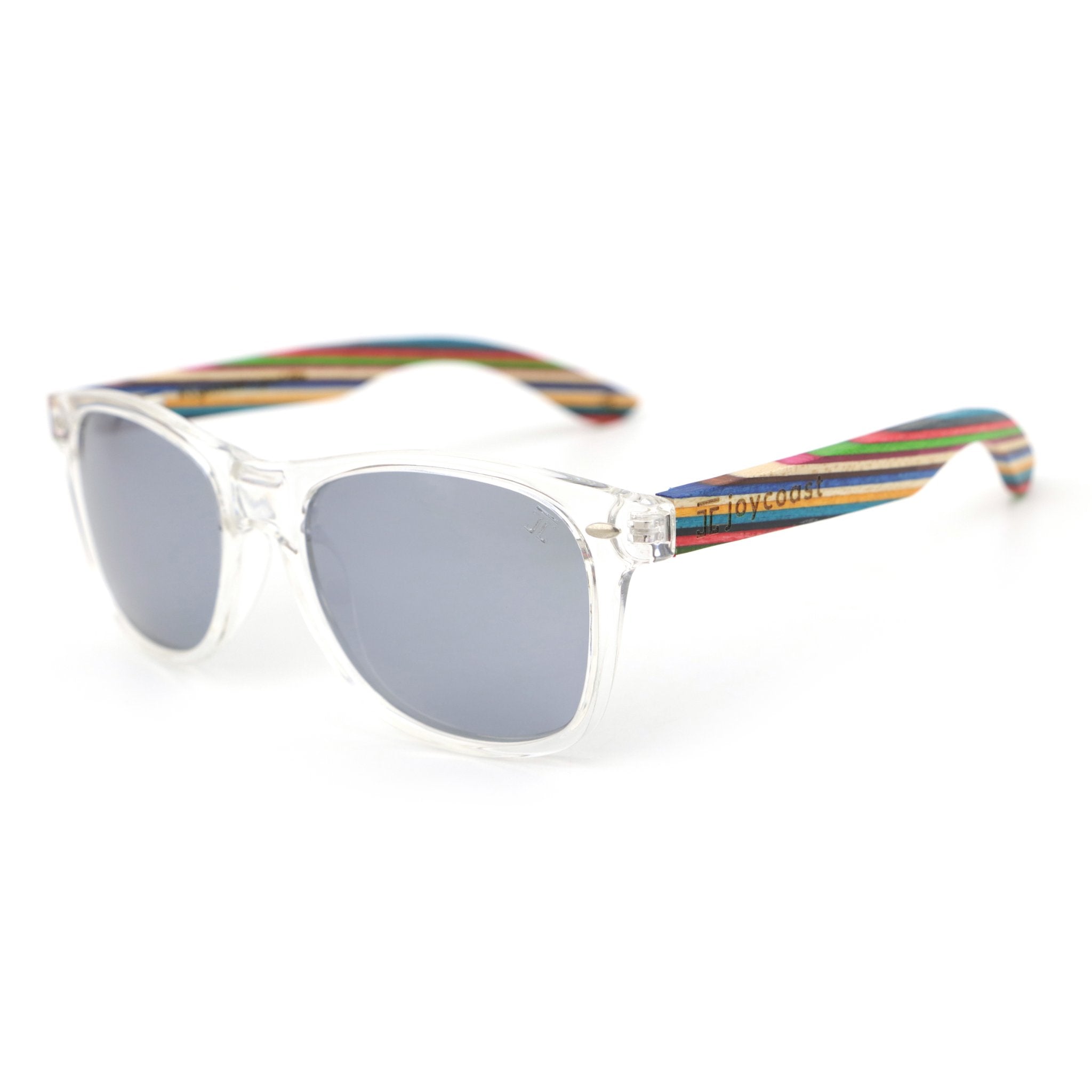 Clear frame sunglasses with dark lenses and multicolor bamboo arms, Joycoast