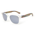 Clear frame sunglasses with dark lenses and multicolor bamboo arms, Joycoast