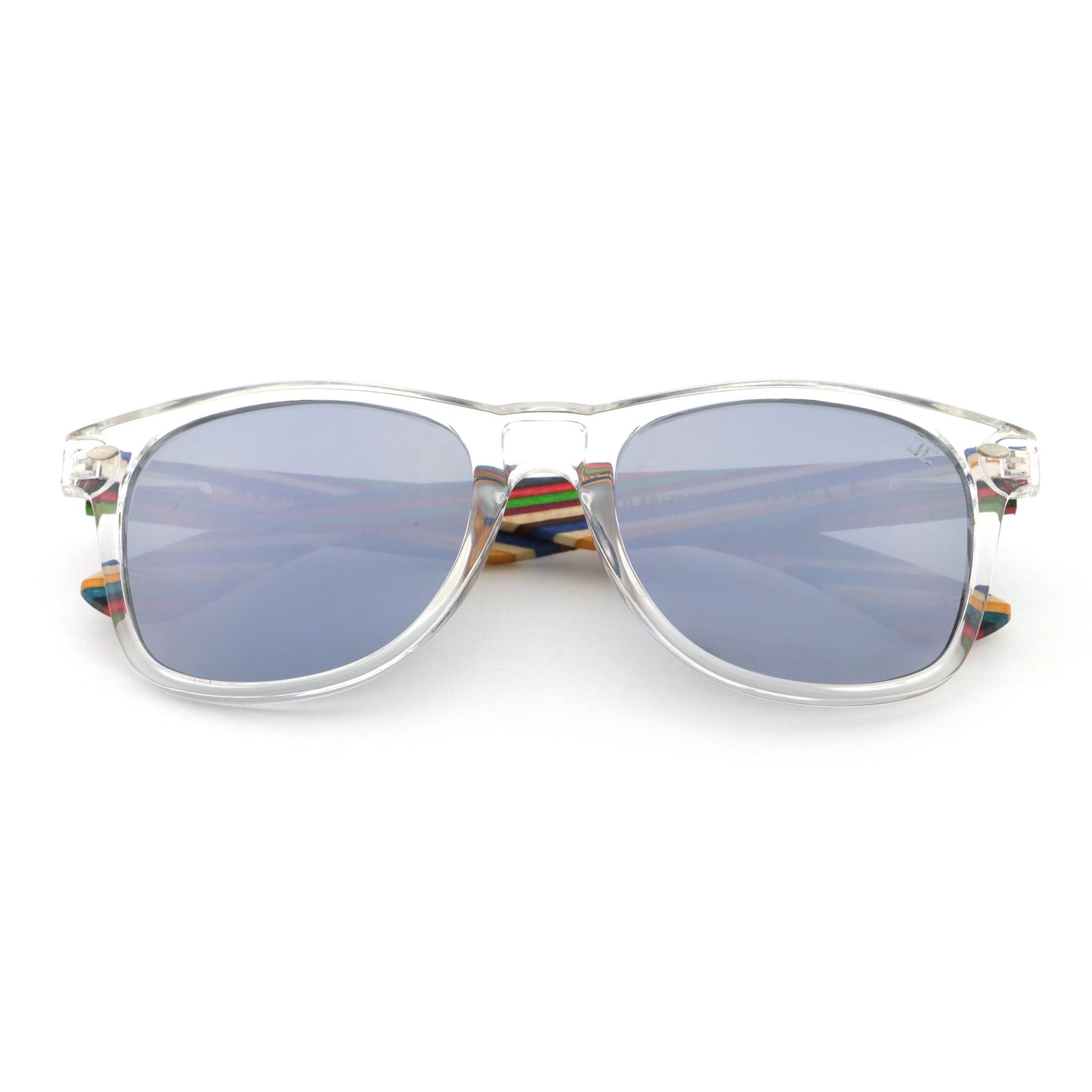 Clear frame sunglasses with dark lenses and multicolor bamboo arms, front view, Joycoast