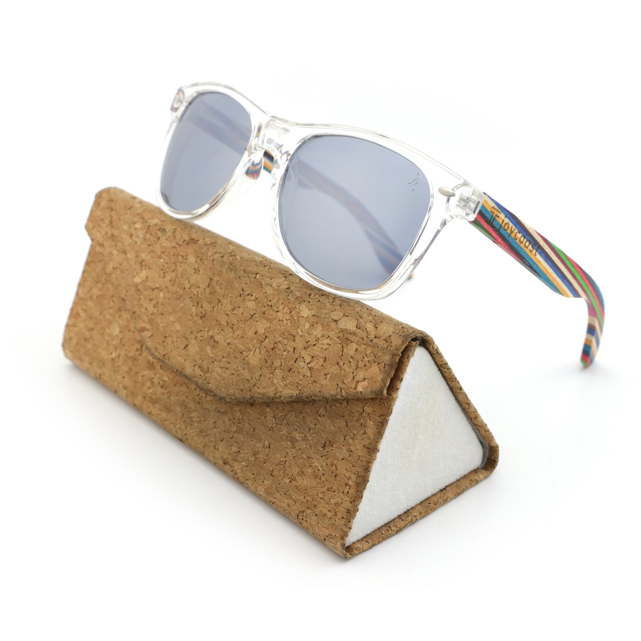 Clear frame sunglasses with dark lenses and multicolor bamboo arms, shown with case