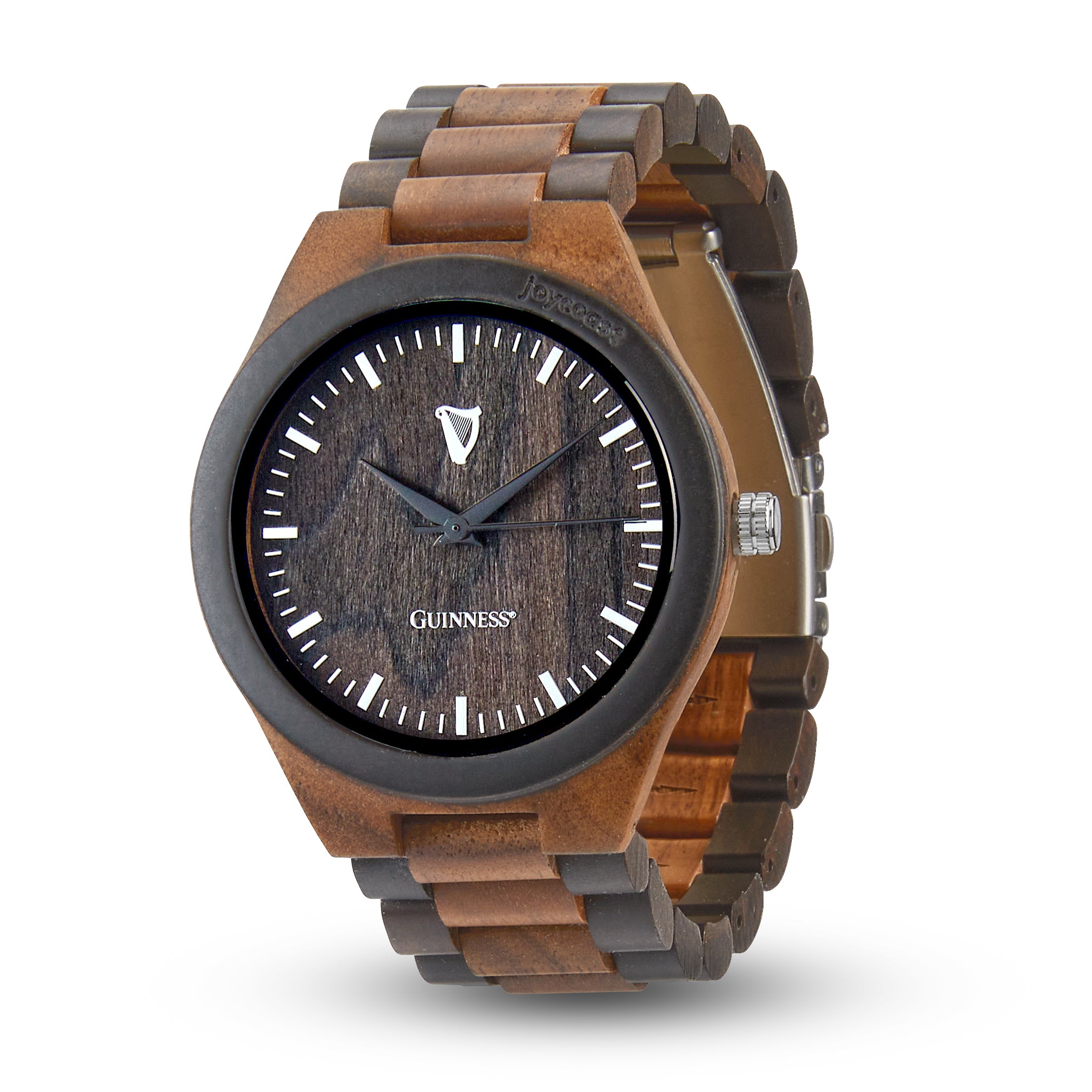 Wooden watch with black face and 'Guinness' branding on a white background