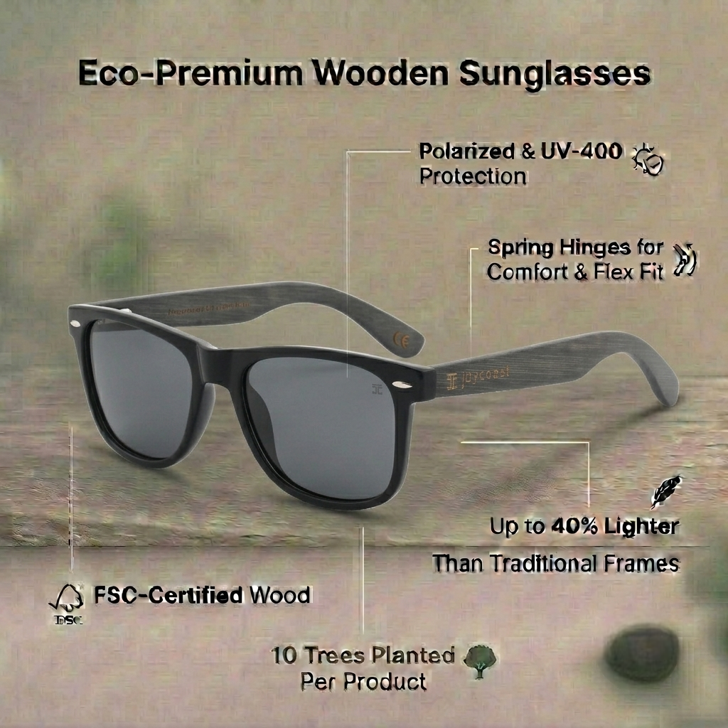 Black wooden sunglasses with square frames and gray polarized lenses