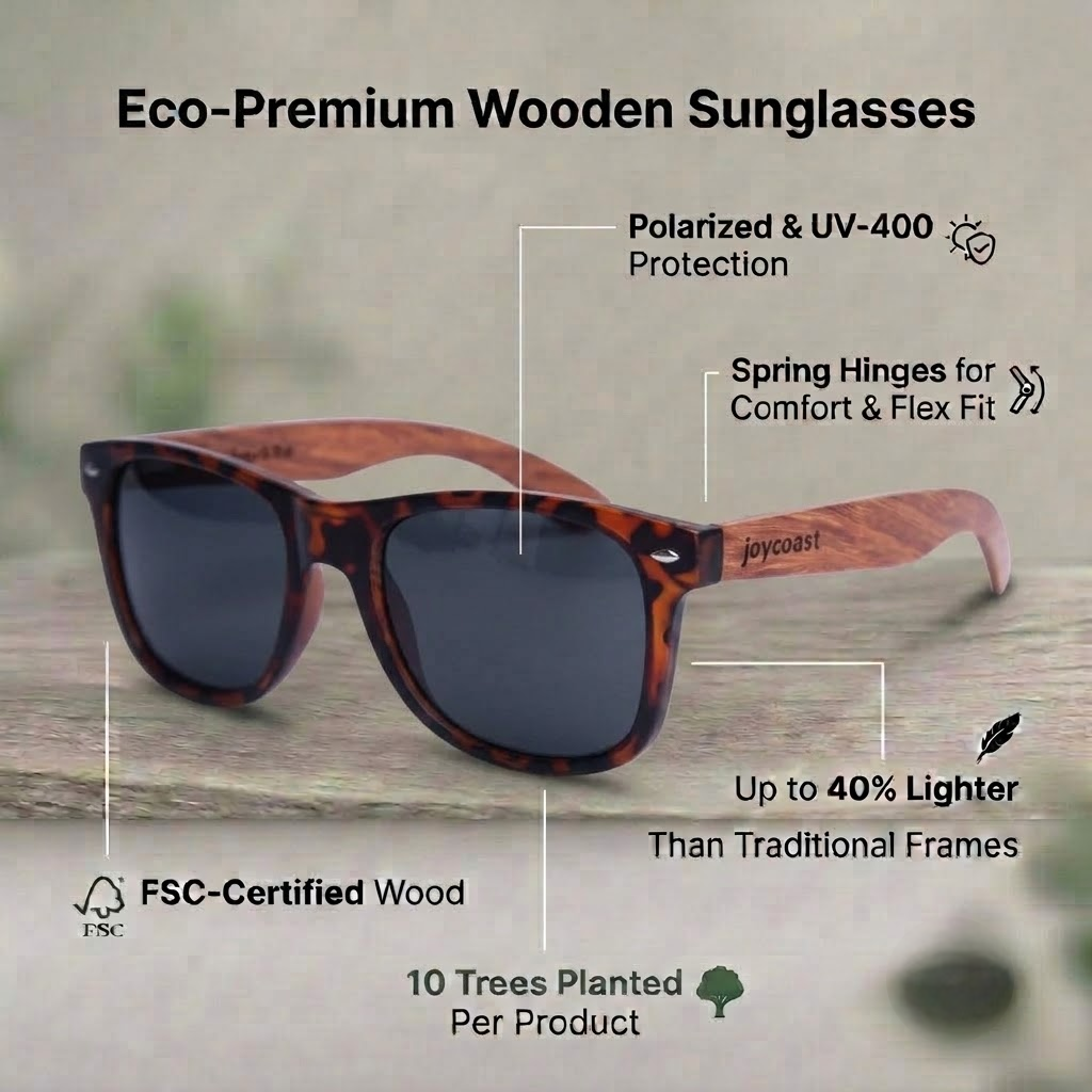 Tortoise wooden sunglasses with dark lenses and spring-hinge temples