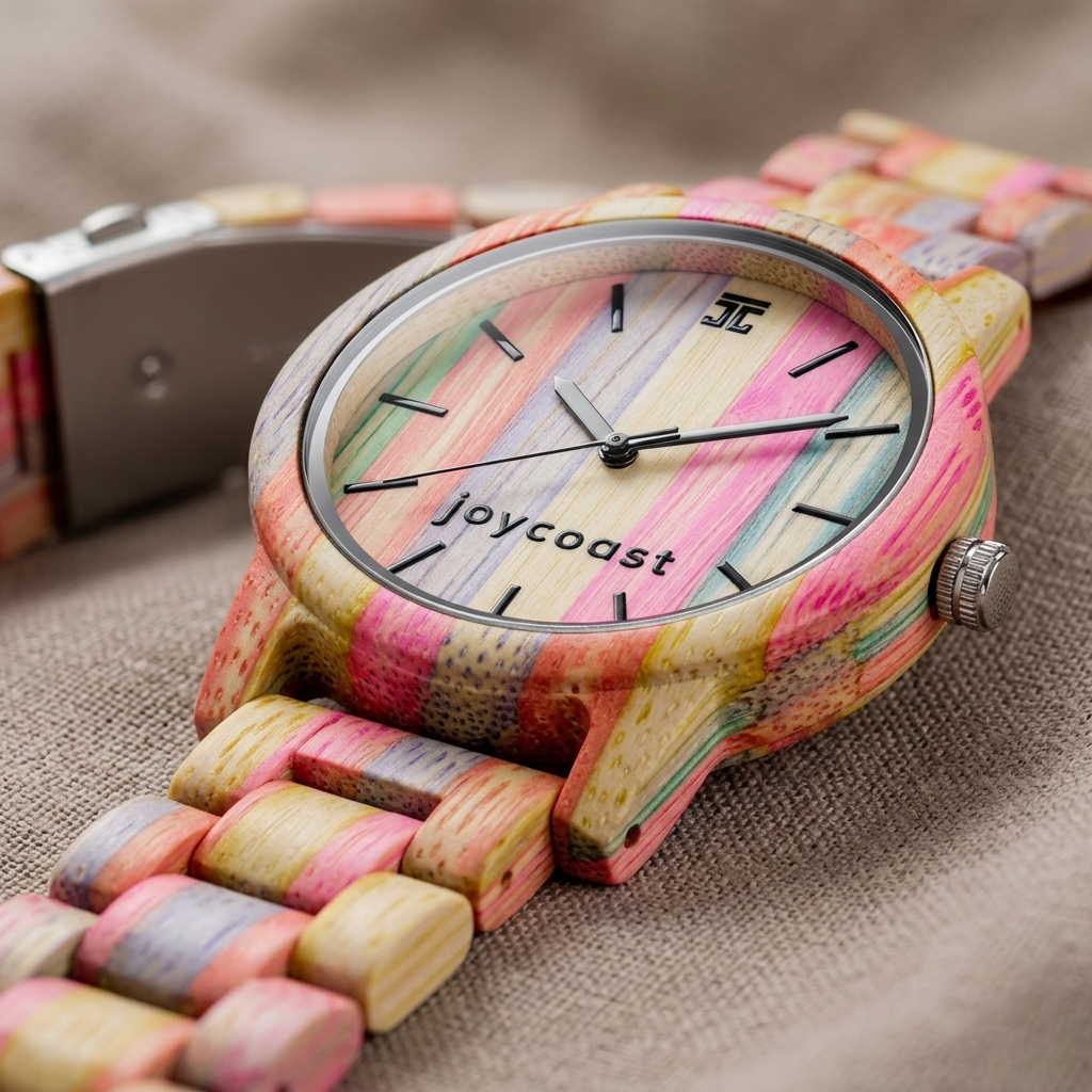 Round bamboo watch with multicolor wood link strap and pink gradient dial