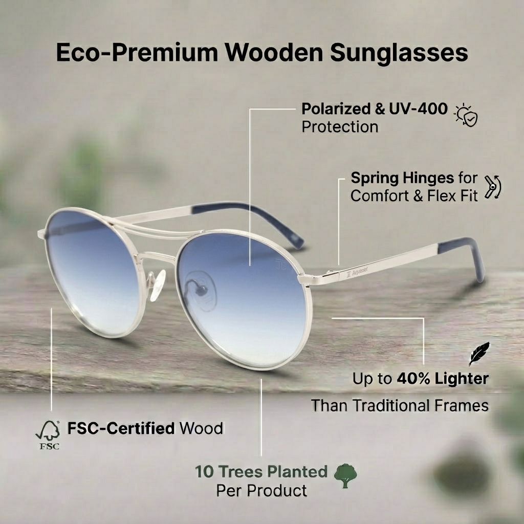 Cat-eye sunglasses with blue gradient lenses, light wood-look frame and spring hinges