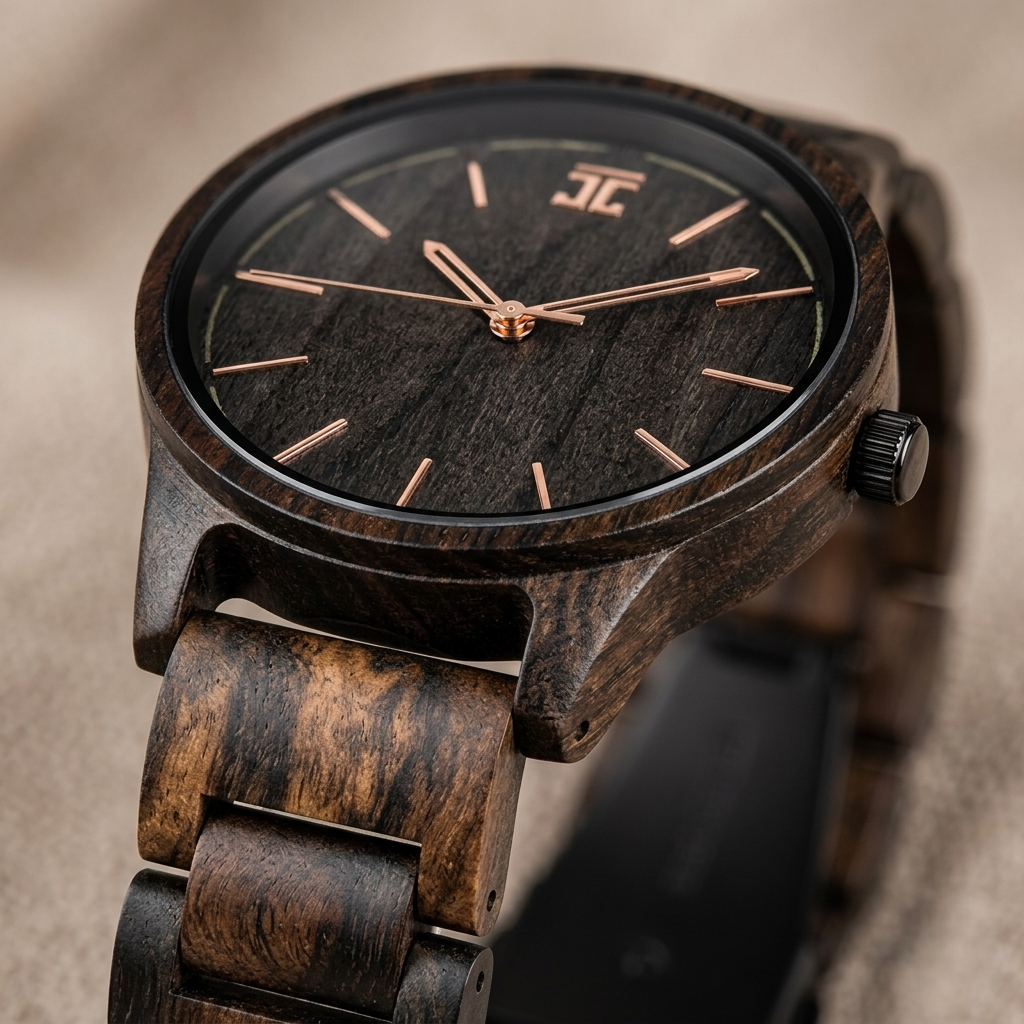 Wood wristwatch with dark dial, rose-gold hands, and carved wooden bracelet