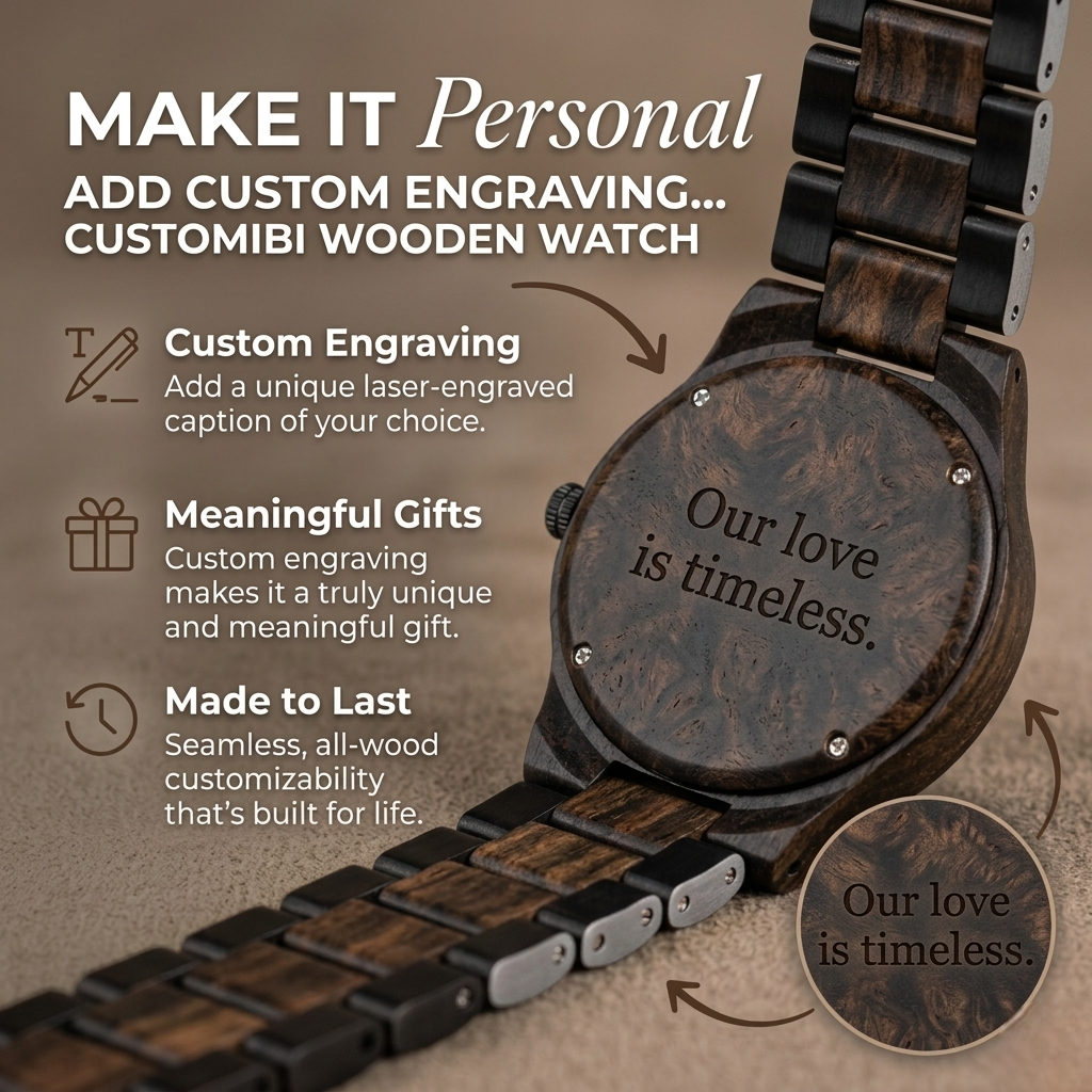 Engraved wooden wristwatch dial reading 'Our love is timeless'