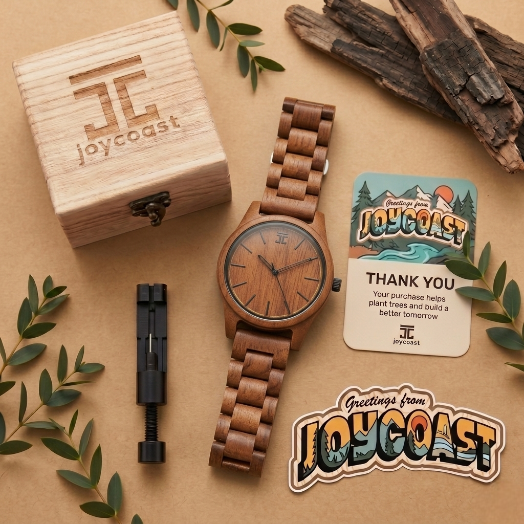 Wooden wristwatch with round dial and interlocking wood bracelet, roman numeral markers