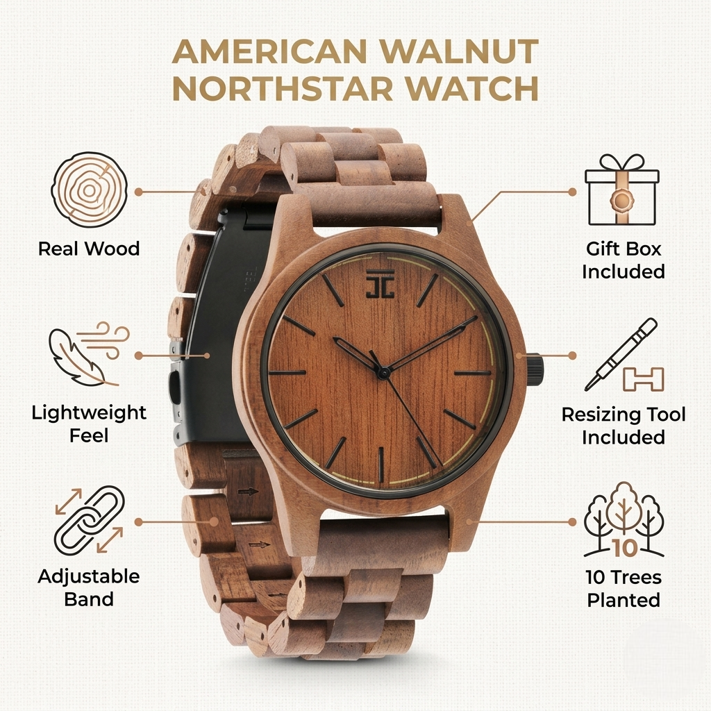 American walnut Northstar wooden watch with round dial, roman numerals, interlocking band