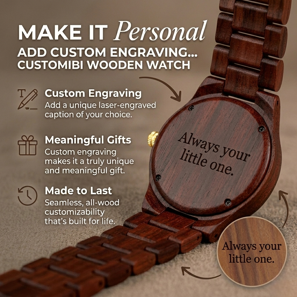Dark brown wooden watch with engraved case back and multi-link strap