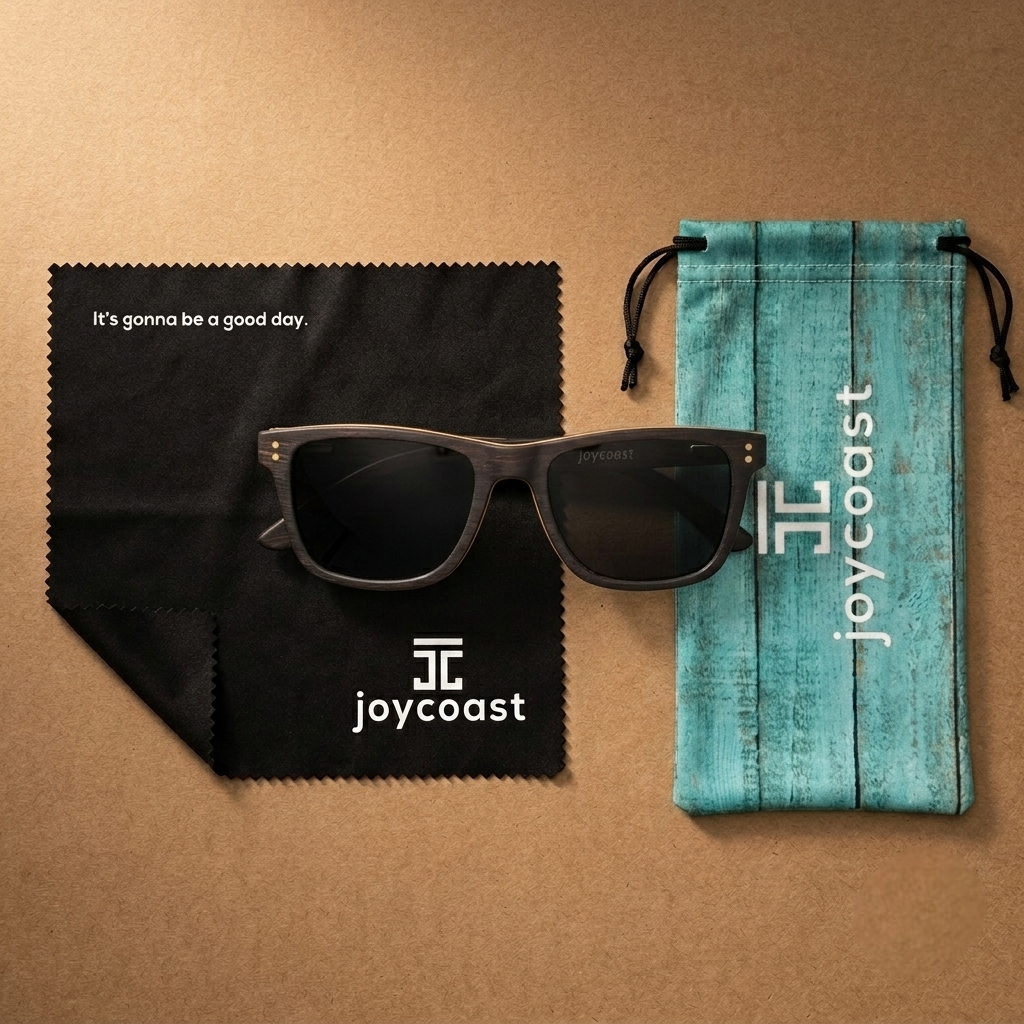 Ebony sunglasses with dark lenses and included pouch and cleaning cloth