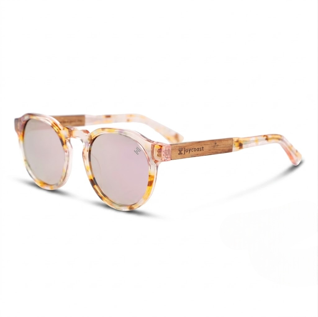 Kids wooden sunglasses, side view; tortoise round frames with dark lenses