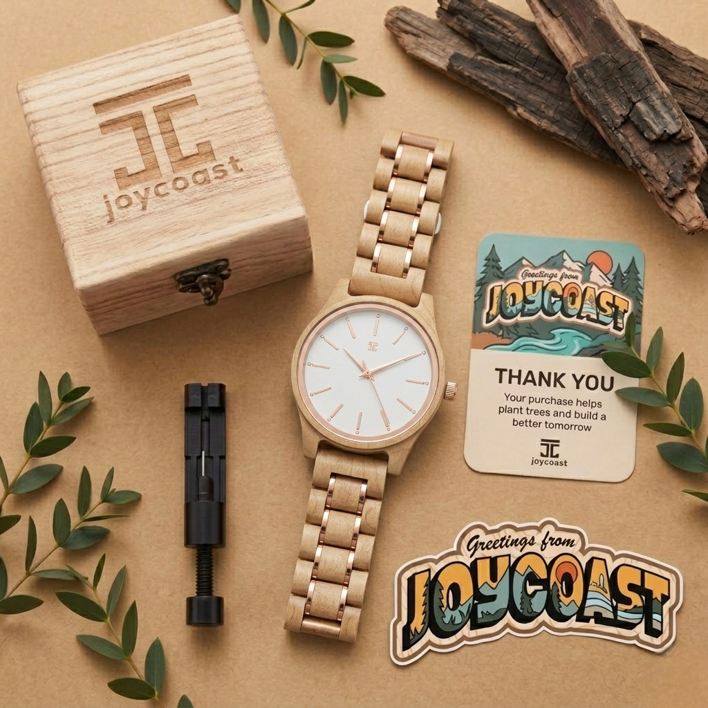 Light wood wristwatch with rose-gold tone metal bracelet and pale dial