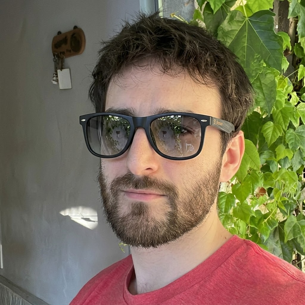 Black wooden sunglasses on face, square frames with gray lenses