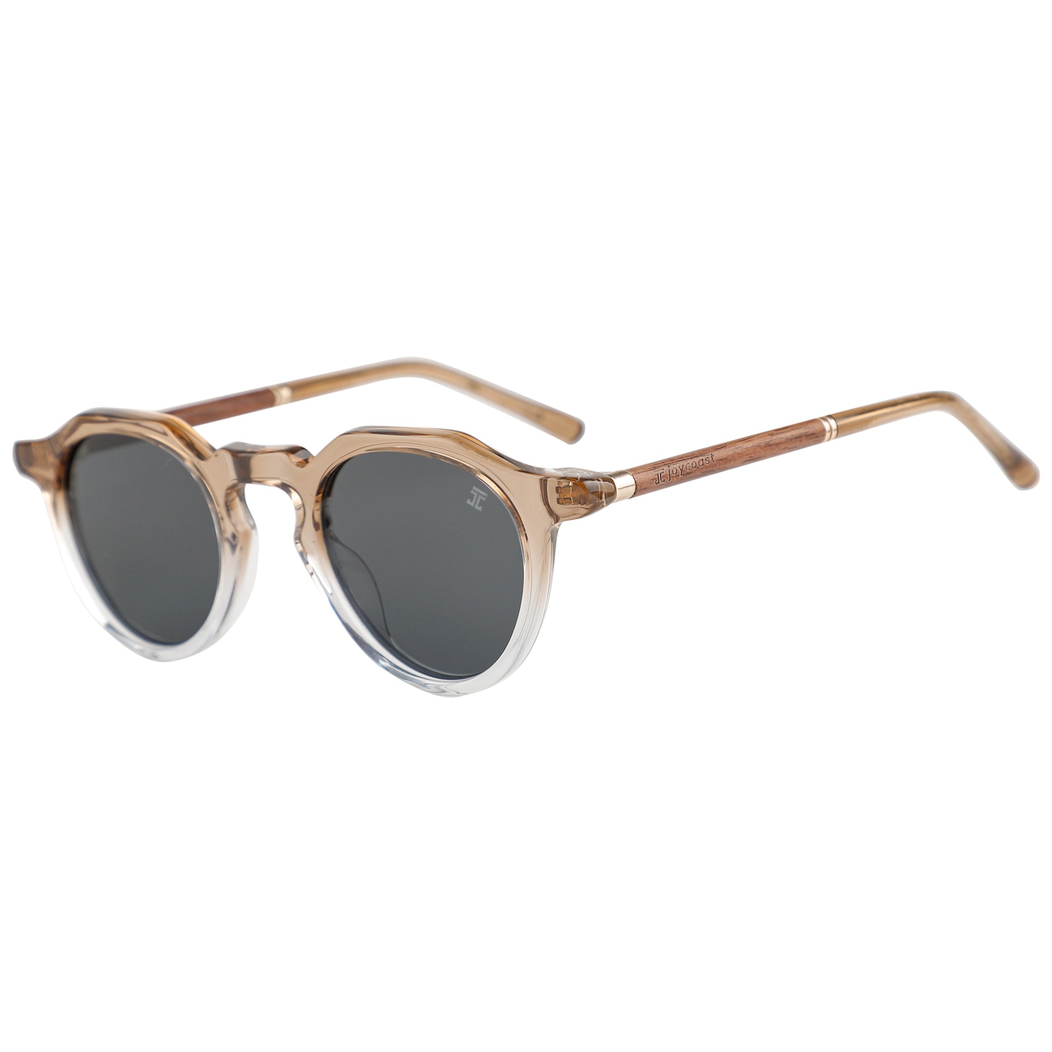 Beige wooden sunglasses with dark round lenses and acetate frame