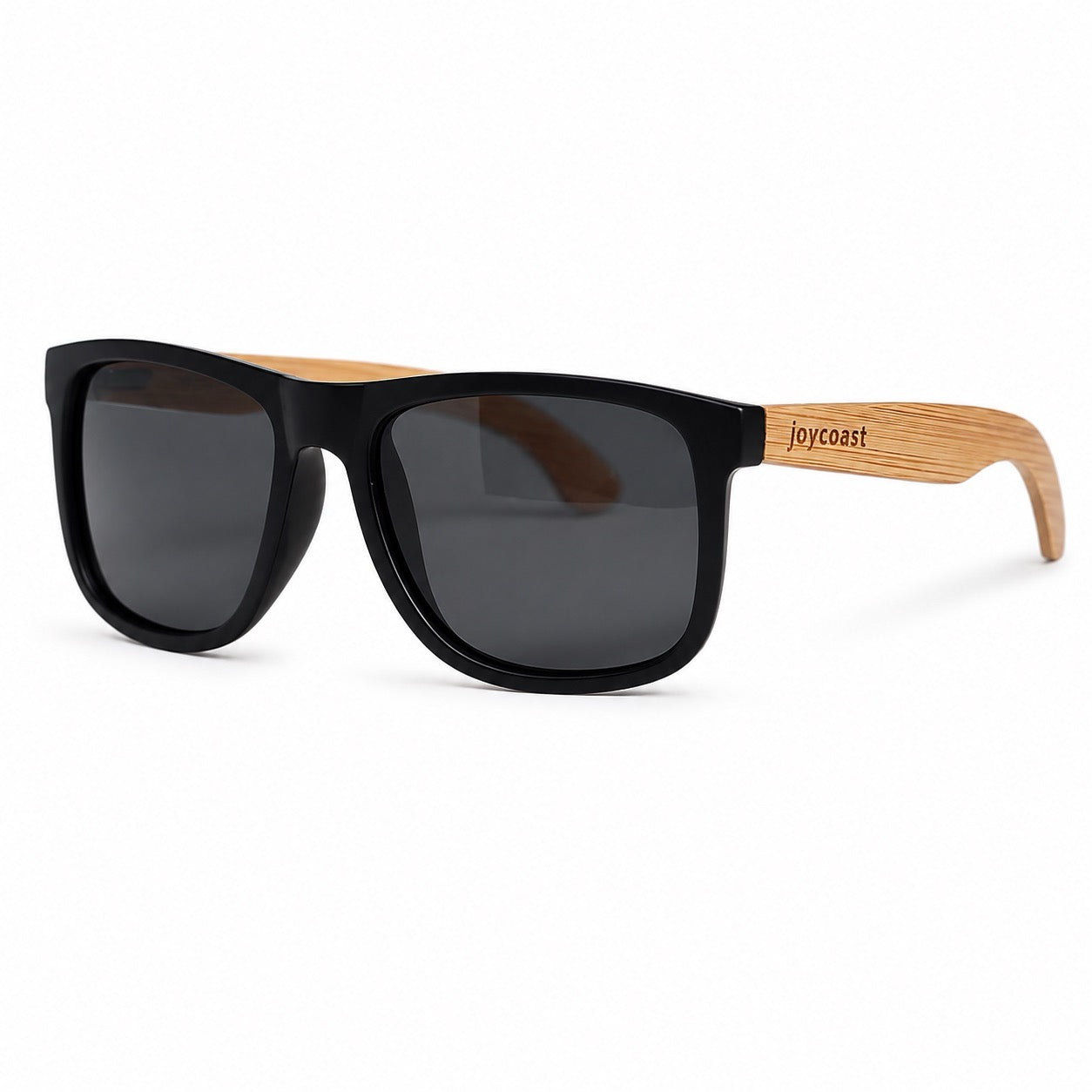 Black sunglasses with dark lenses and light wood temples, joycoast logo