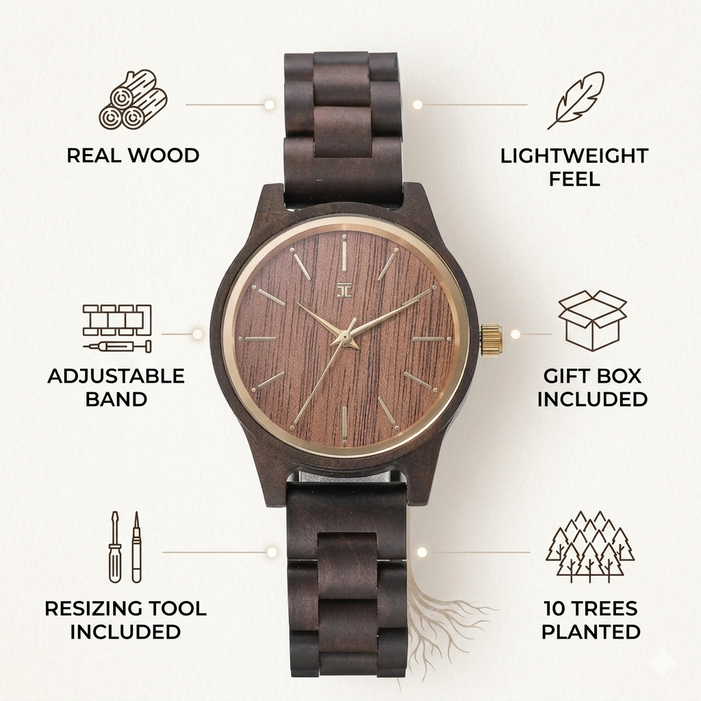 Wooden analog wrist watch centered with dark brown adjustable link band and round dial