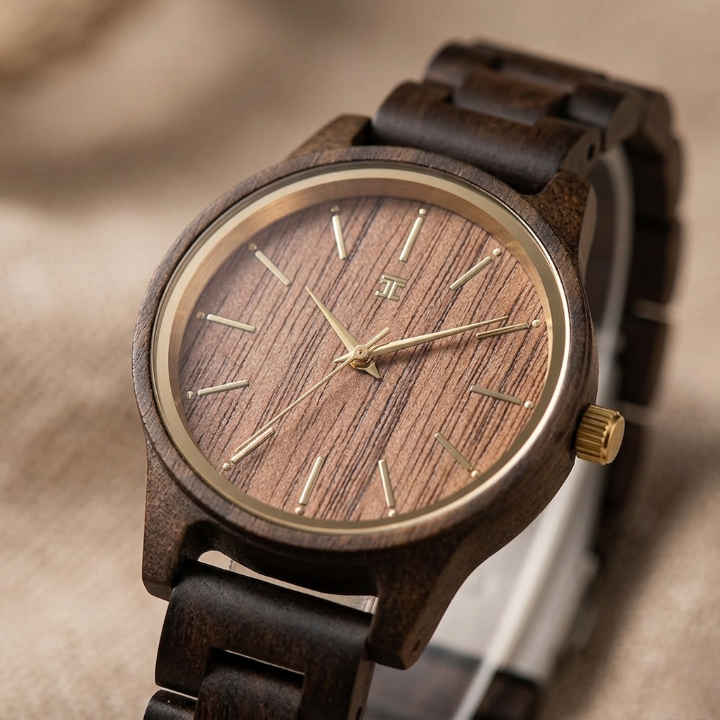 Close-up of wooden analog watch with round brown dial and dark brown wood band
