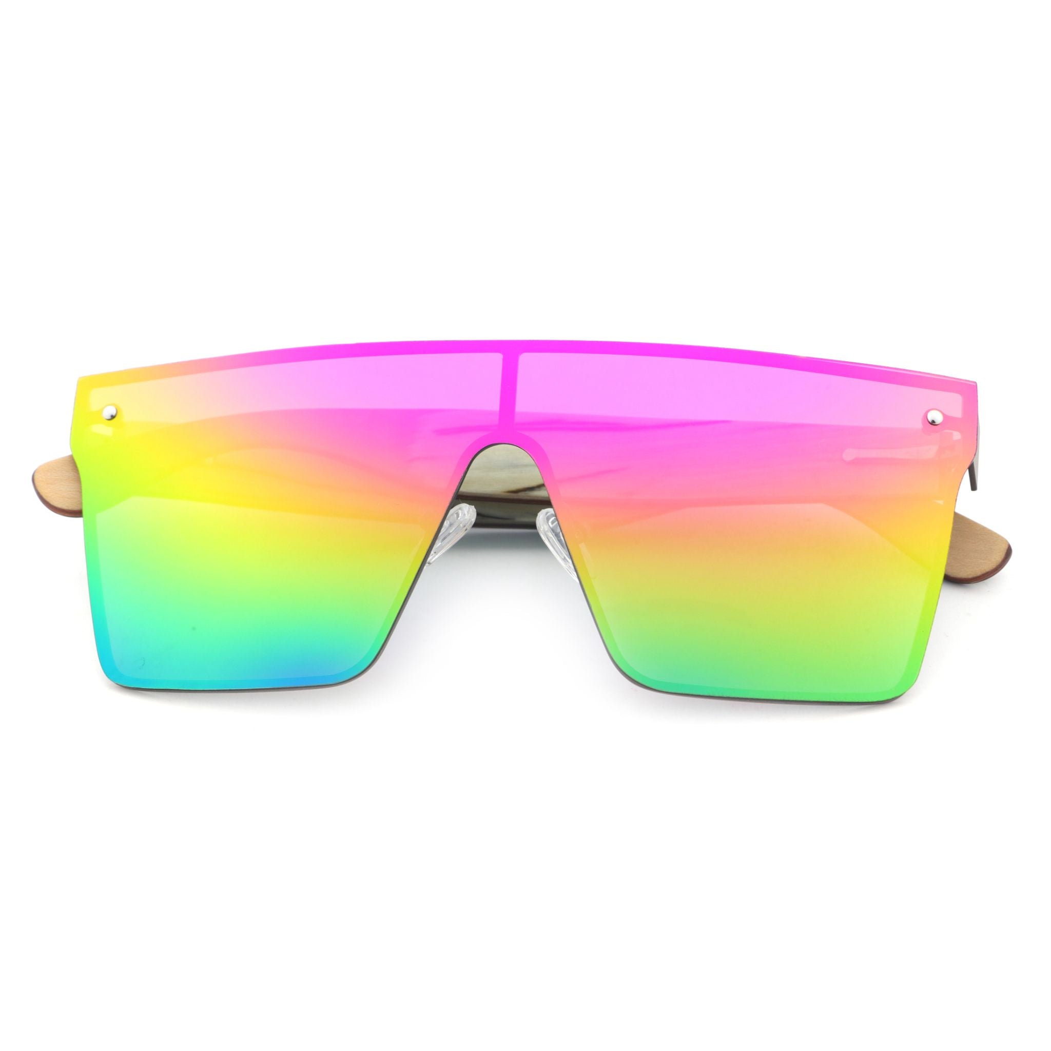 Frameless wooden sunglasses with rainbow gradient mirrored lenses