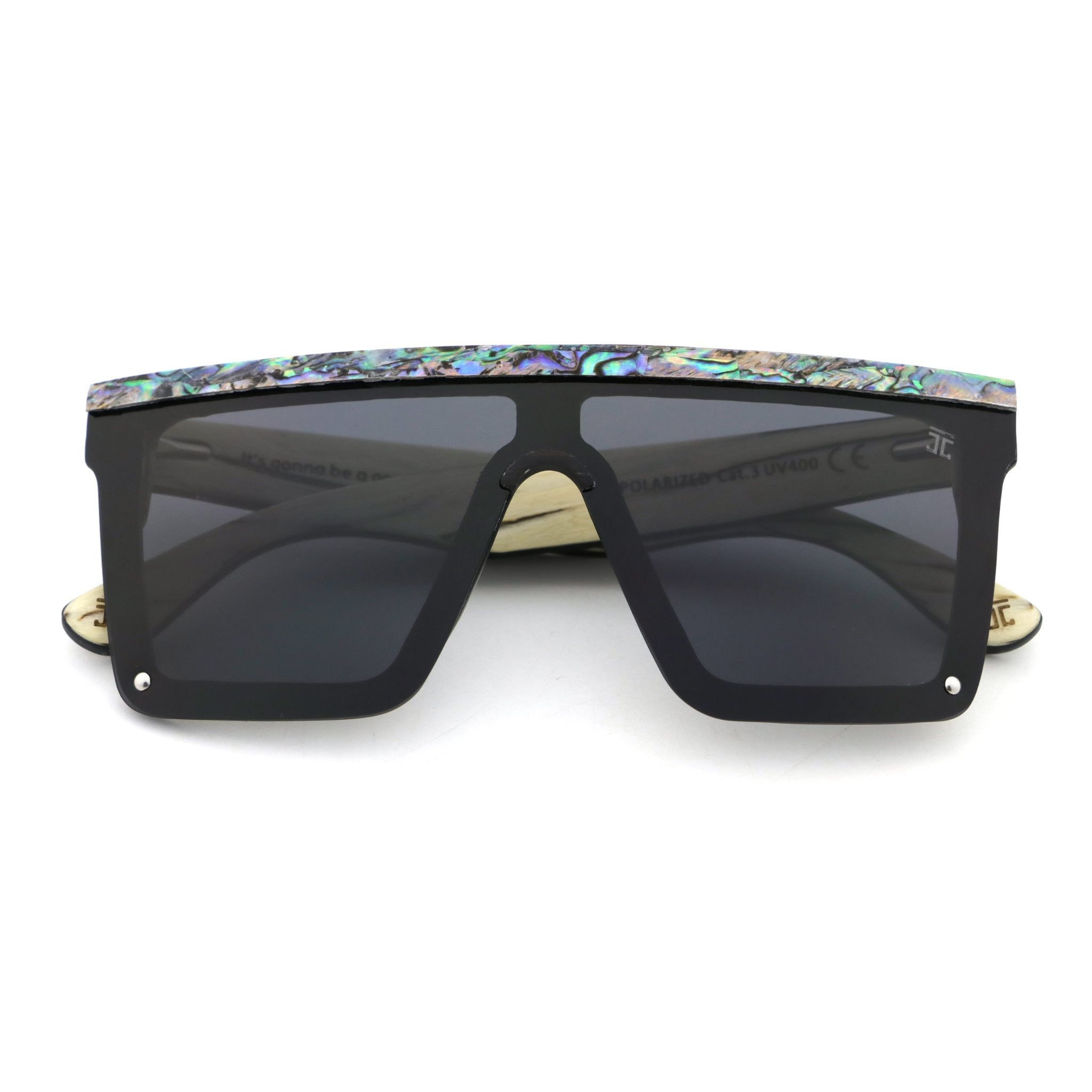 Frameless wooden sunglasses with dark lenses and gold-tone side temples