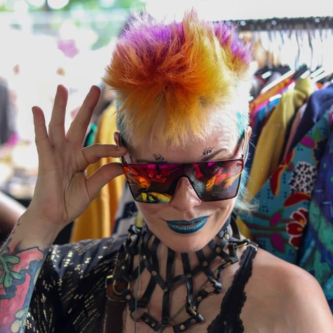 Square sunglasses with rainbow mirrored lenses and metal-toned frame