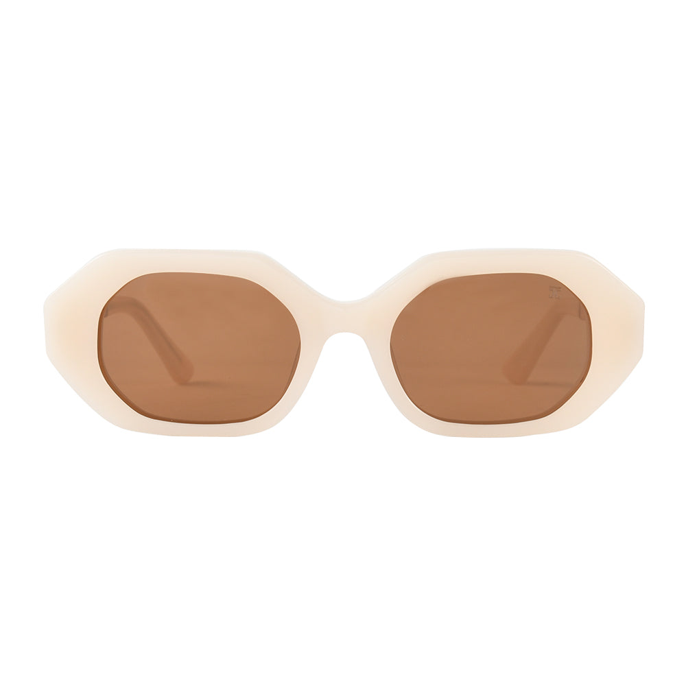 Madge mixed wood acetate sunglasses, off-white oval frames with brown lenses