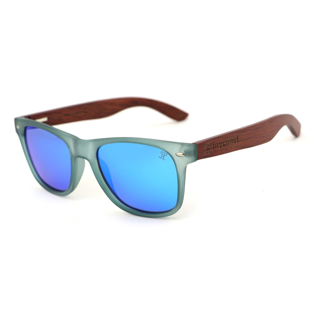 Wooden sunglasses with mint frame and blue polarized lenses, walnut brown arms.