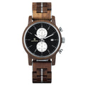 Walnut chronograph watch with black dial, wood case, subdials and date at 5