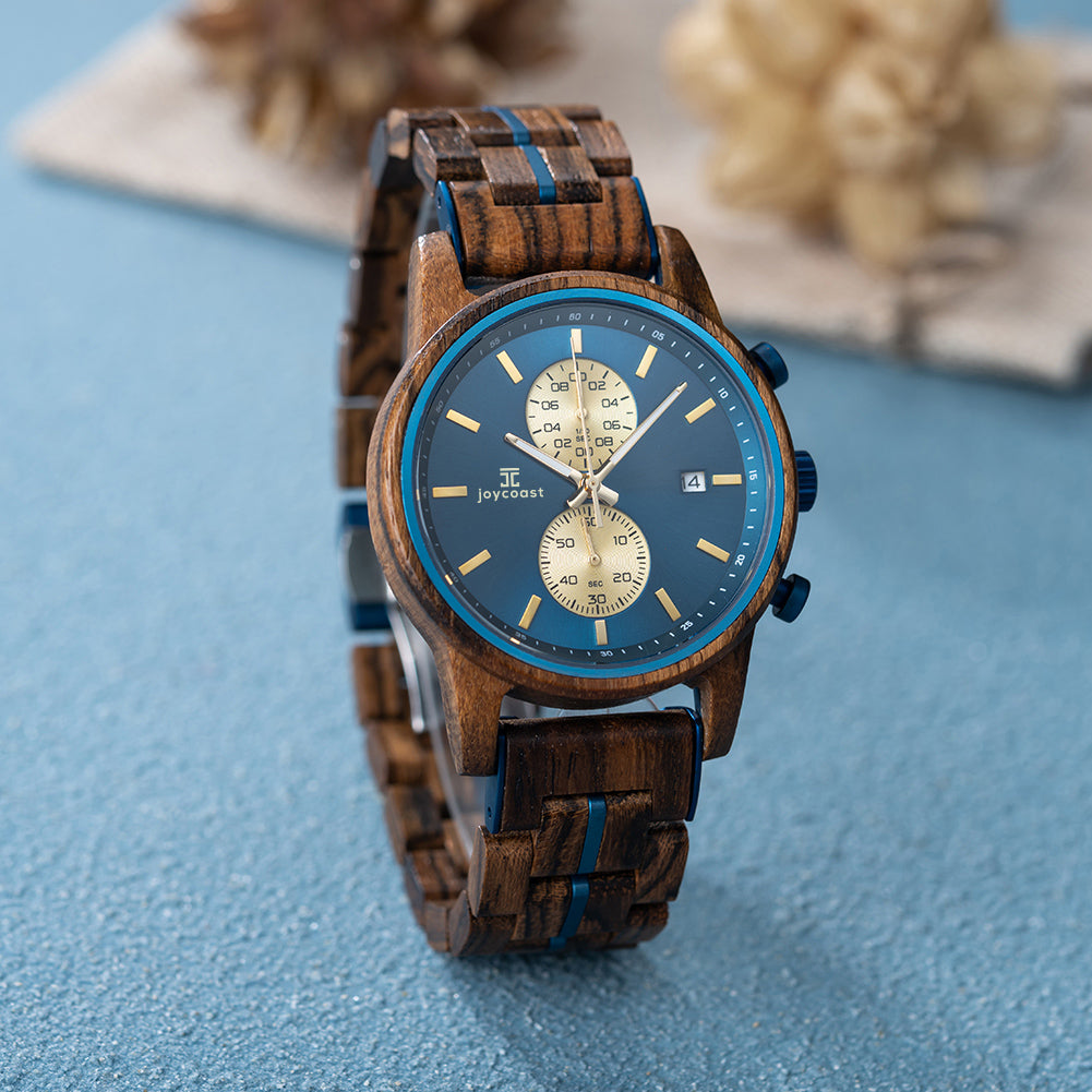Zebrawood chronograph watch with blue dial, brown wood bracelet, and three subdials