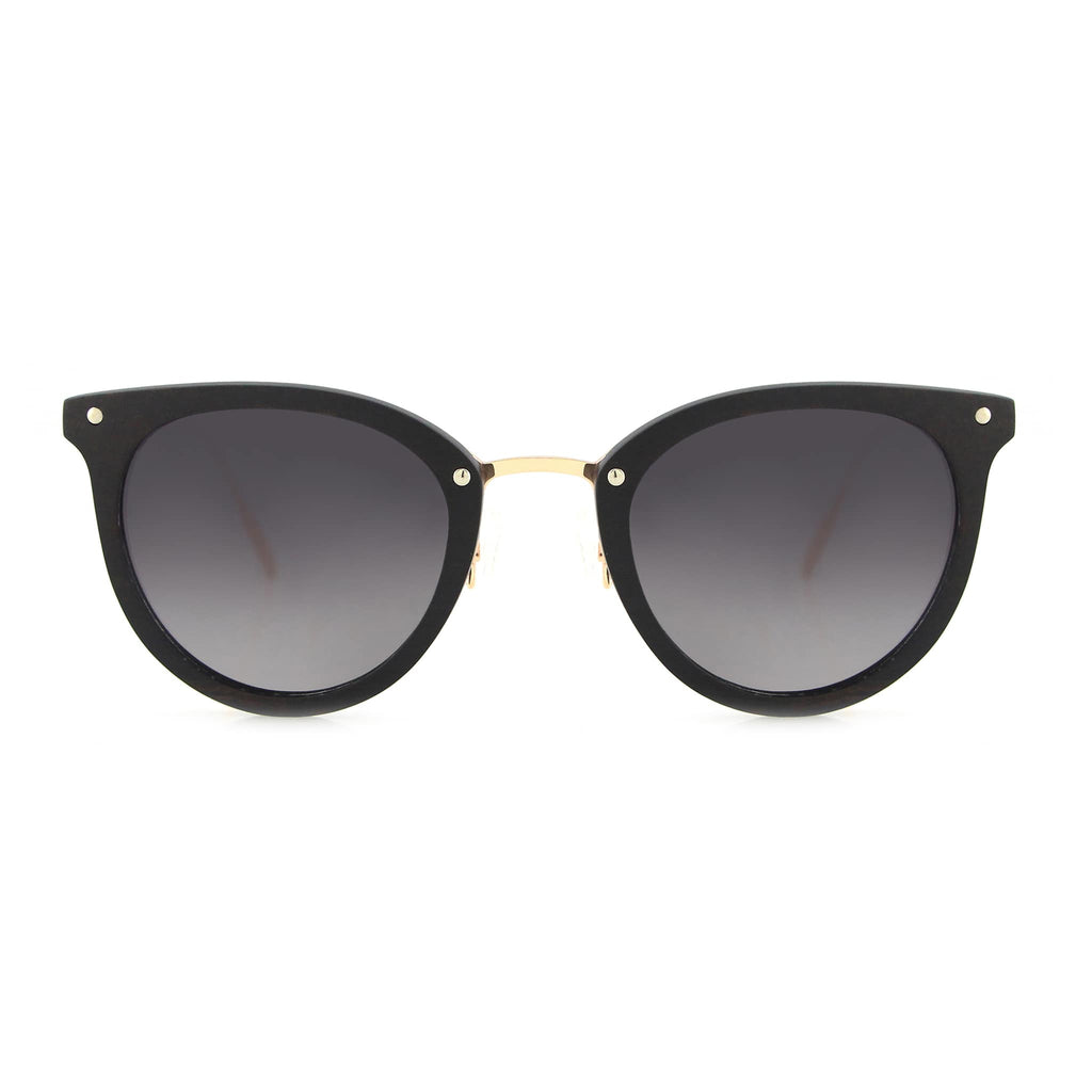 Black cat-eye sunglasses with grey tinted lenses and gold-tone accents