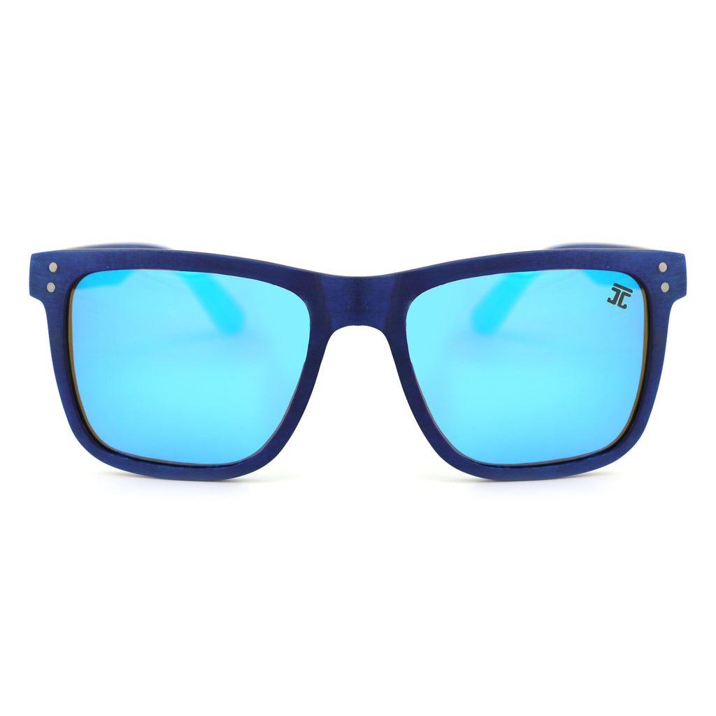 Blue polarized wayfarer-style sunglasses with large square blue-tinted lenses
