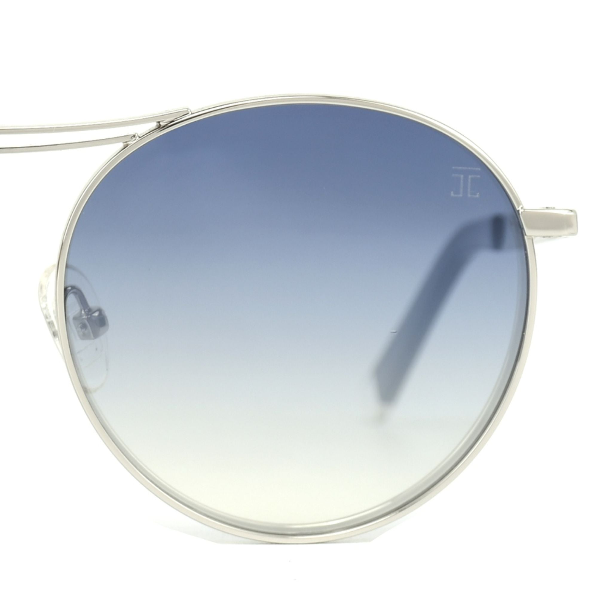 Cat-eye sunglasses with large gradient blue lenses and thin silver frame