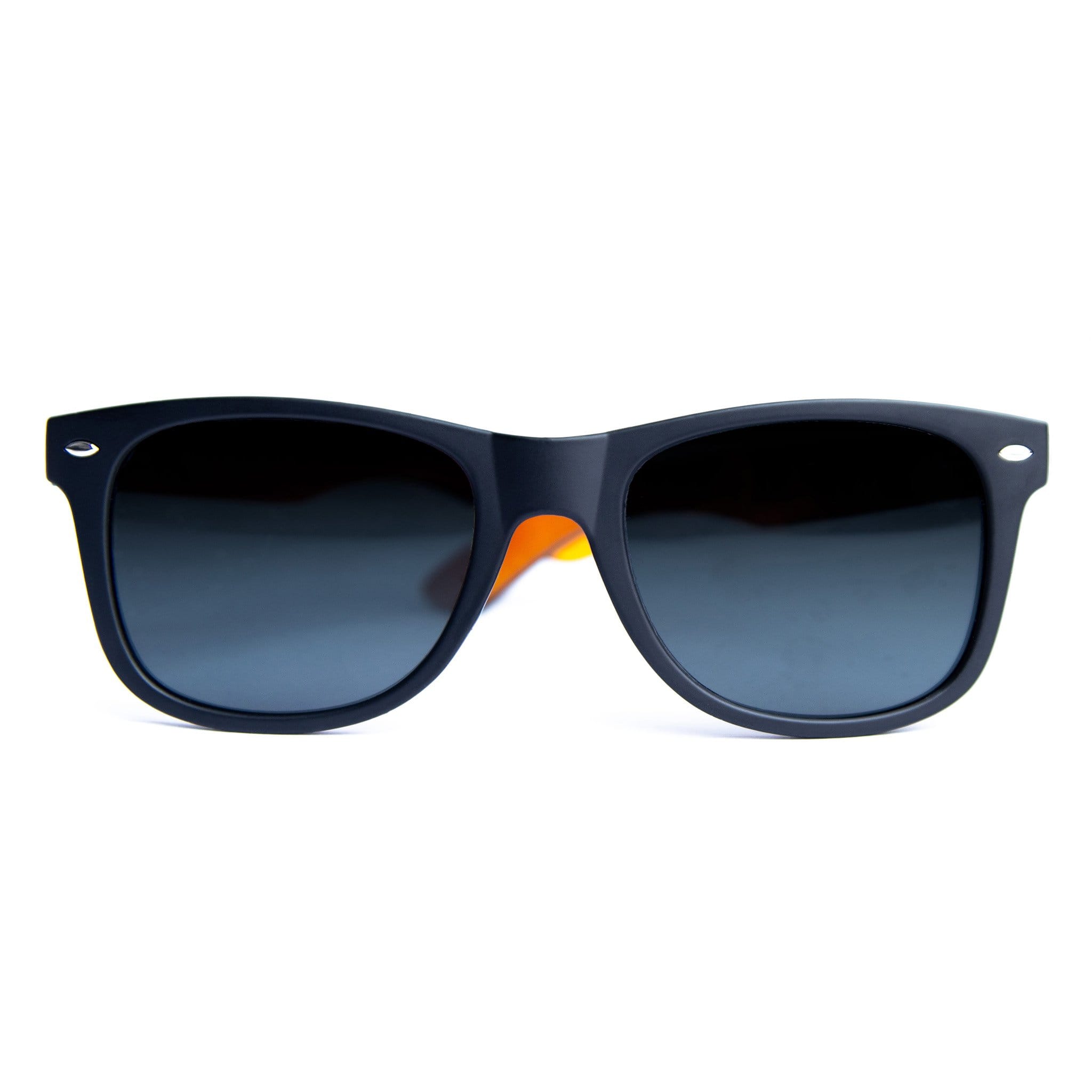 Bamboo wooden sunglasses with navy frames, dark lenses, orange center detail