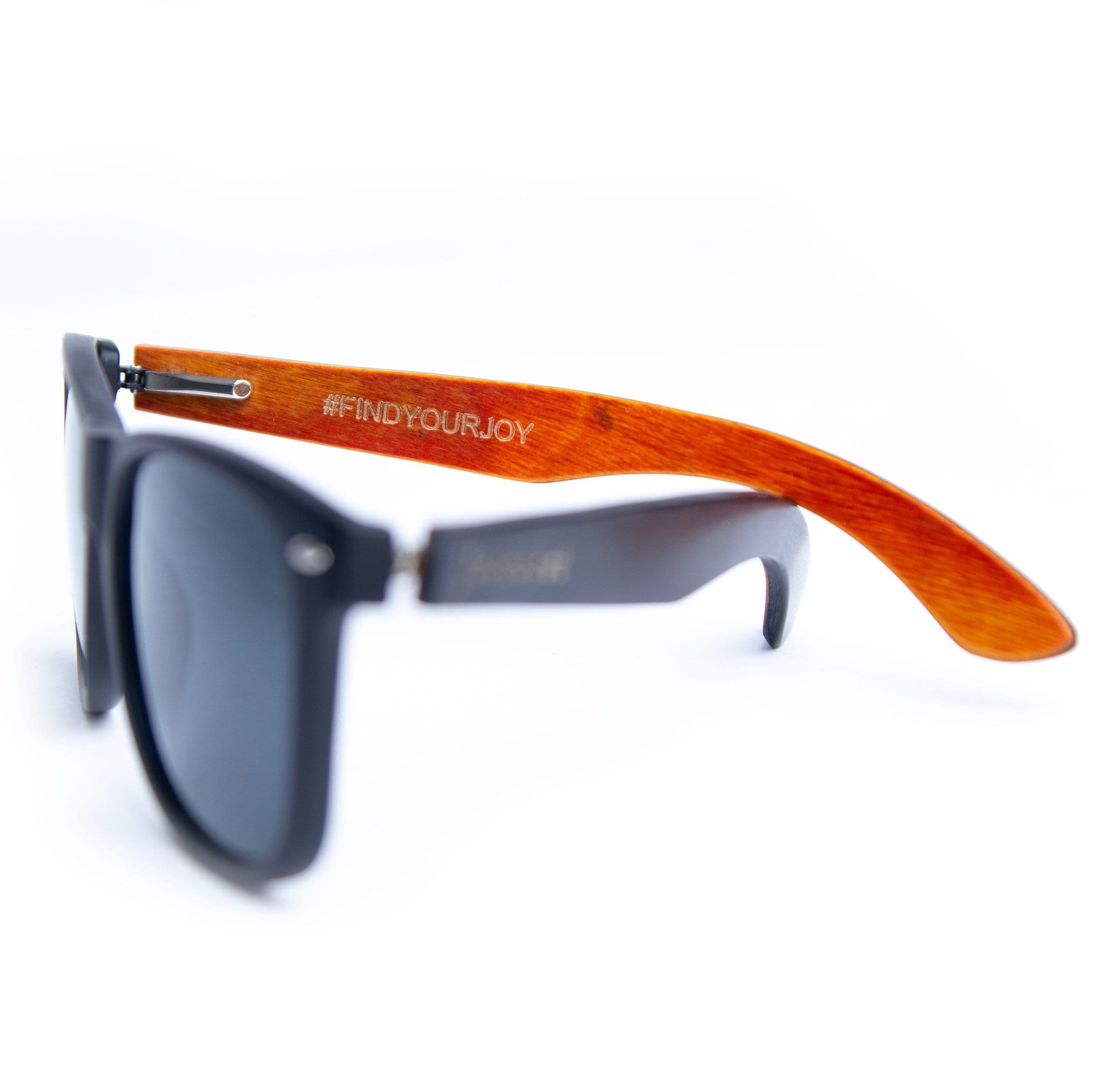 Bamboo wooden sunglasses with orange-brown temple arms and dark gray lenses