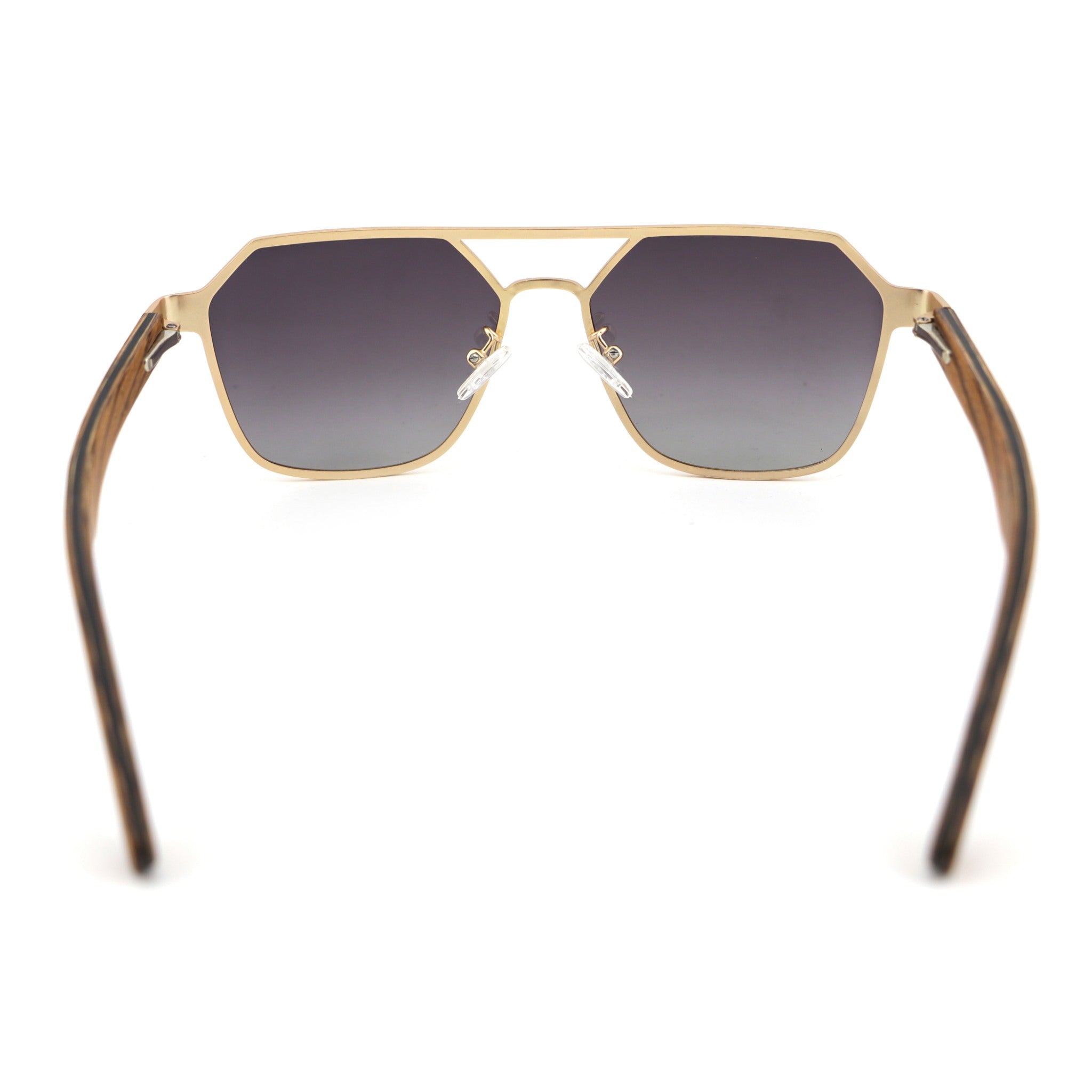 Hexagon wooden sunglasses with dark lenses and brown arms, side view