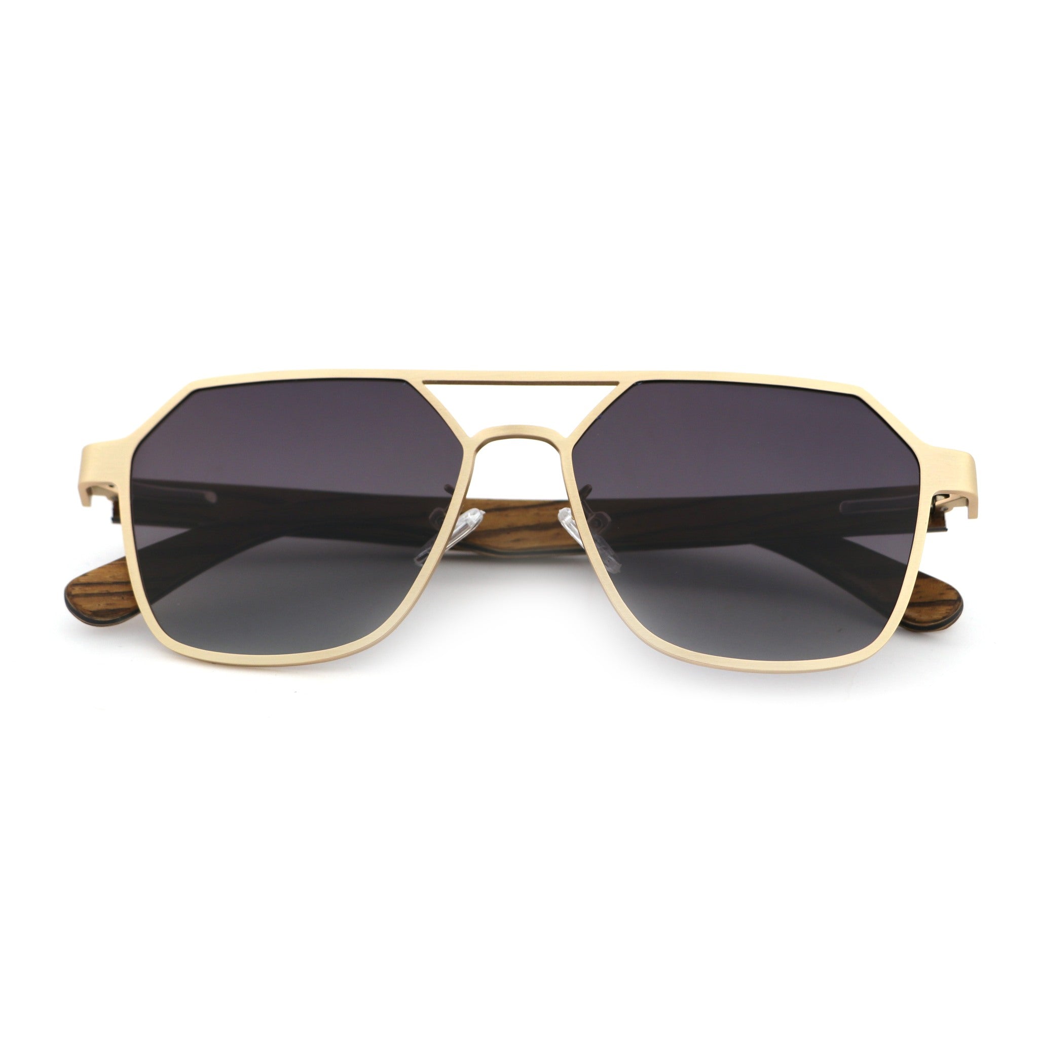 Hexagon wooden sunglasses with light tan frame and dark tinted lenses, front view