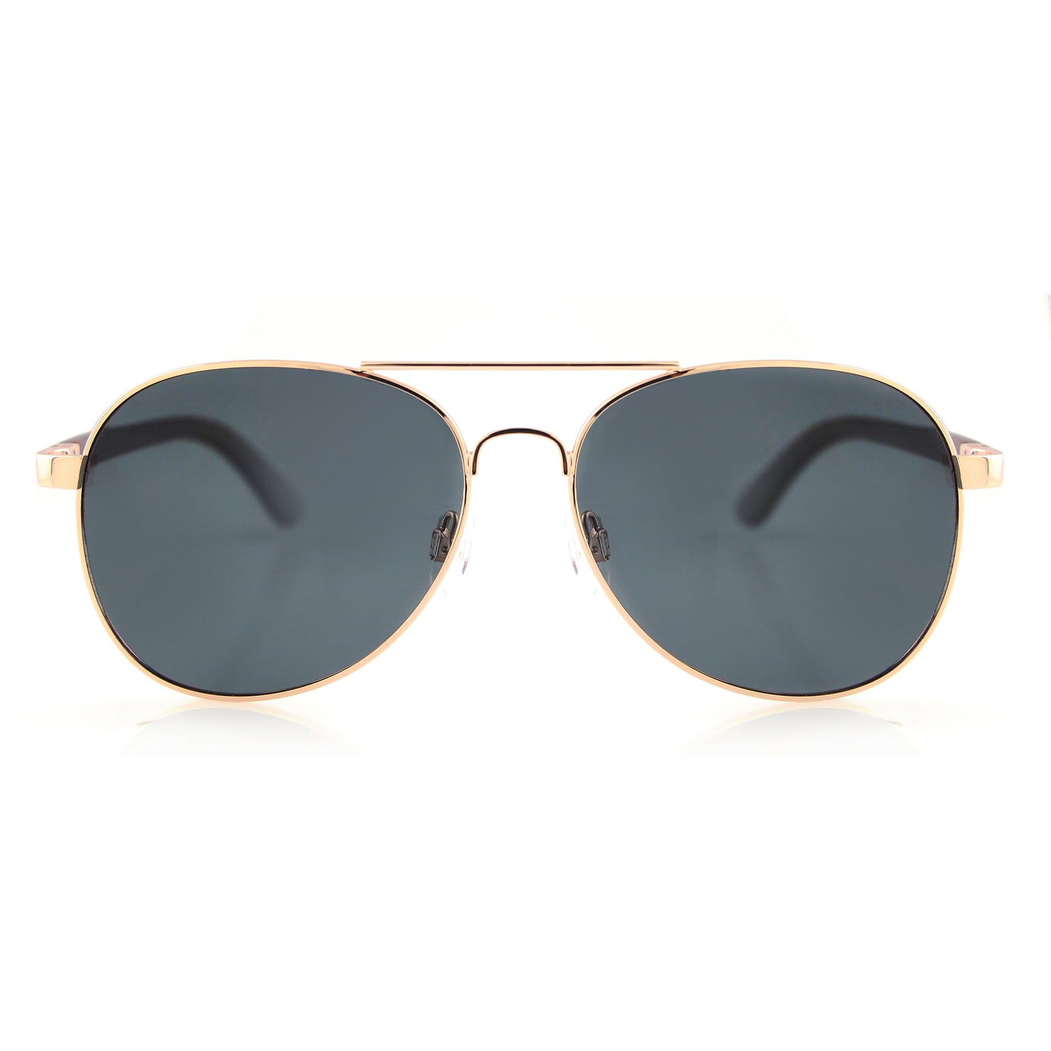 Aviator sunglasses with rose gold frames and dark gray mirrored lenses, front view