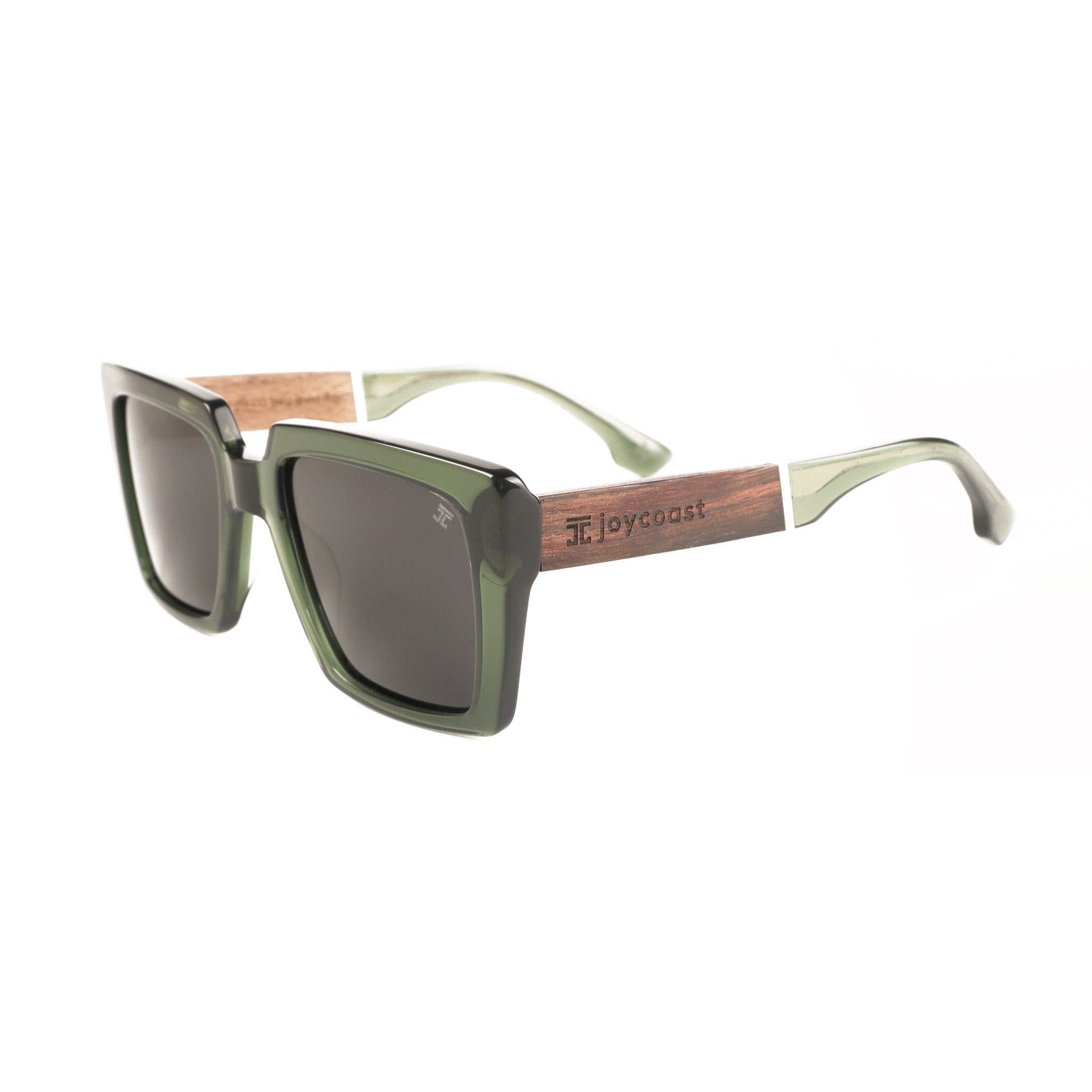 Men's square sunglasses with dark lenses, green frame, wood temples with Joycoast logo