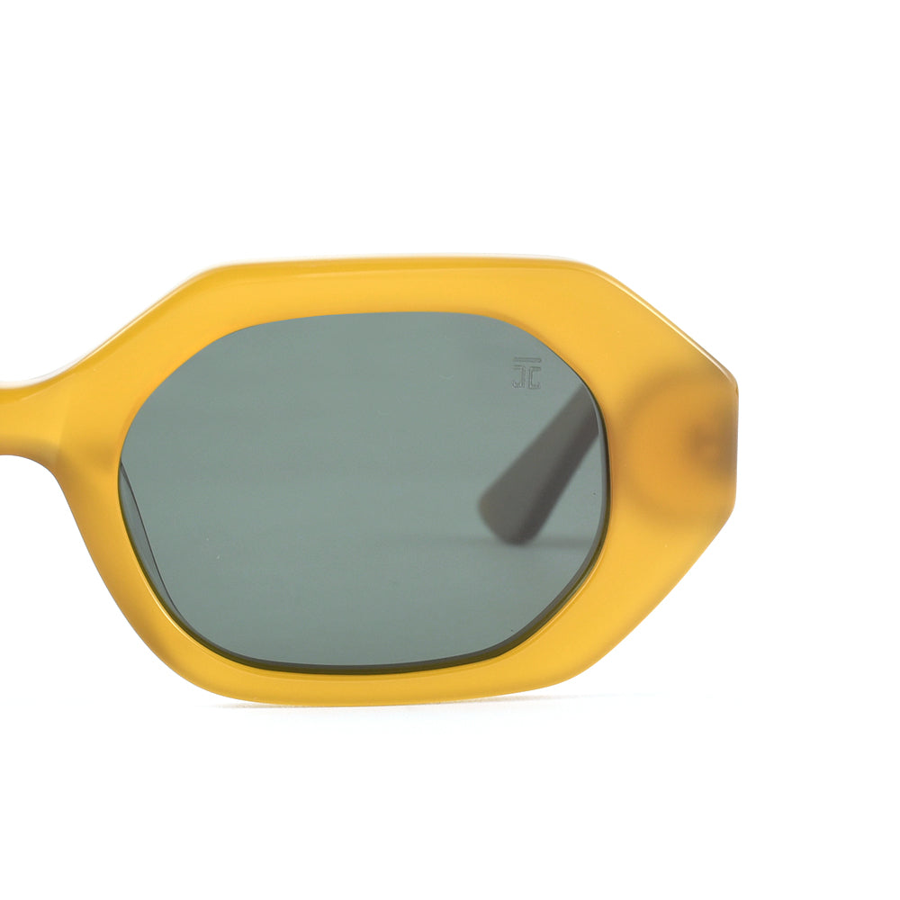 Women's sunglasses, beige frame with oval green tinted lens