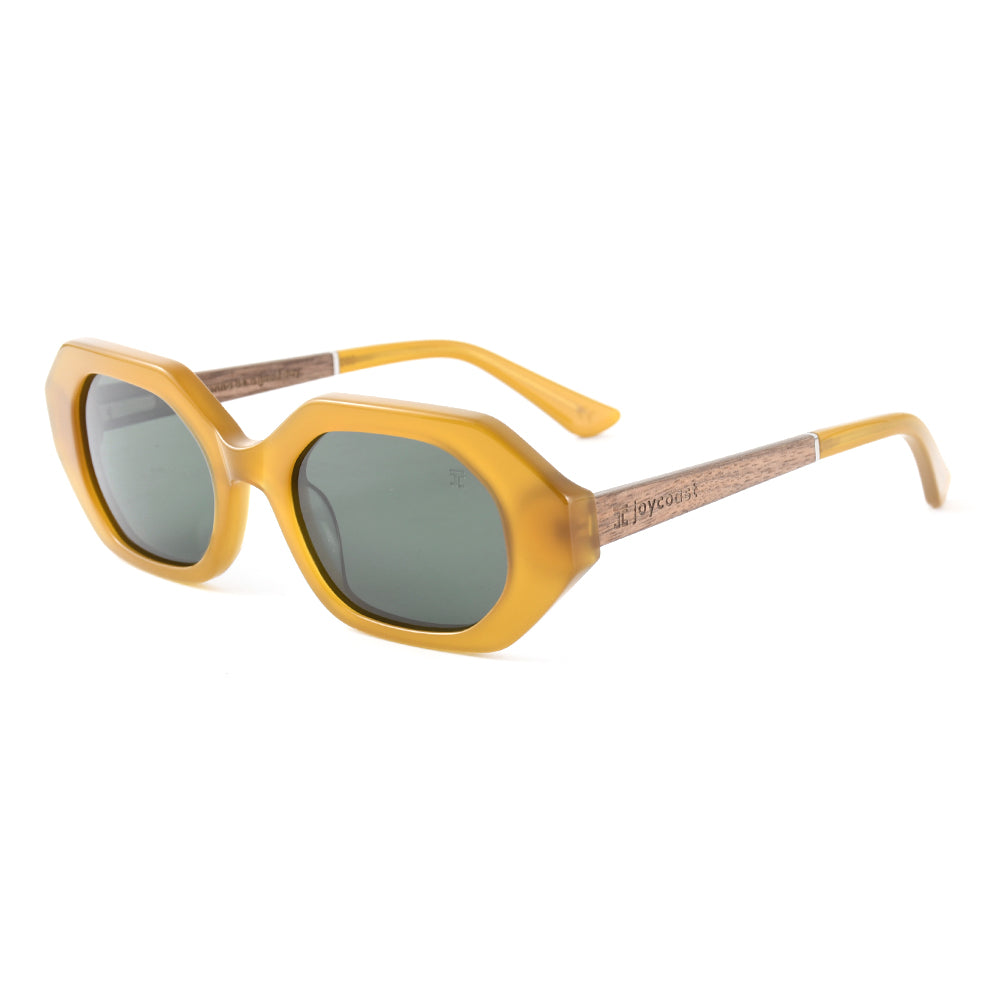 Women's sunglasses with beige acetate frame, mixed wood temples, green tinted lenses