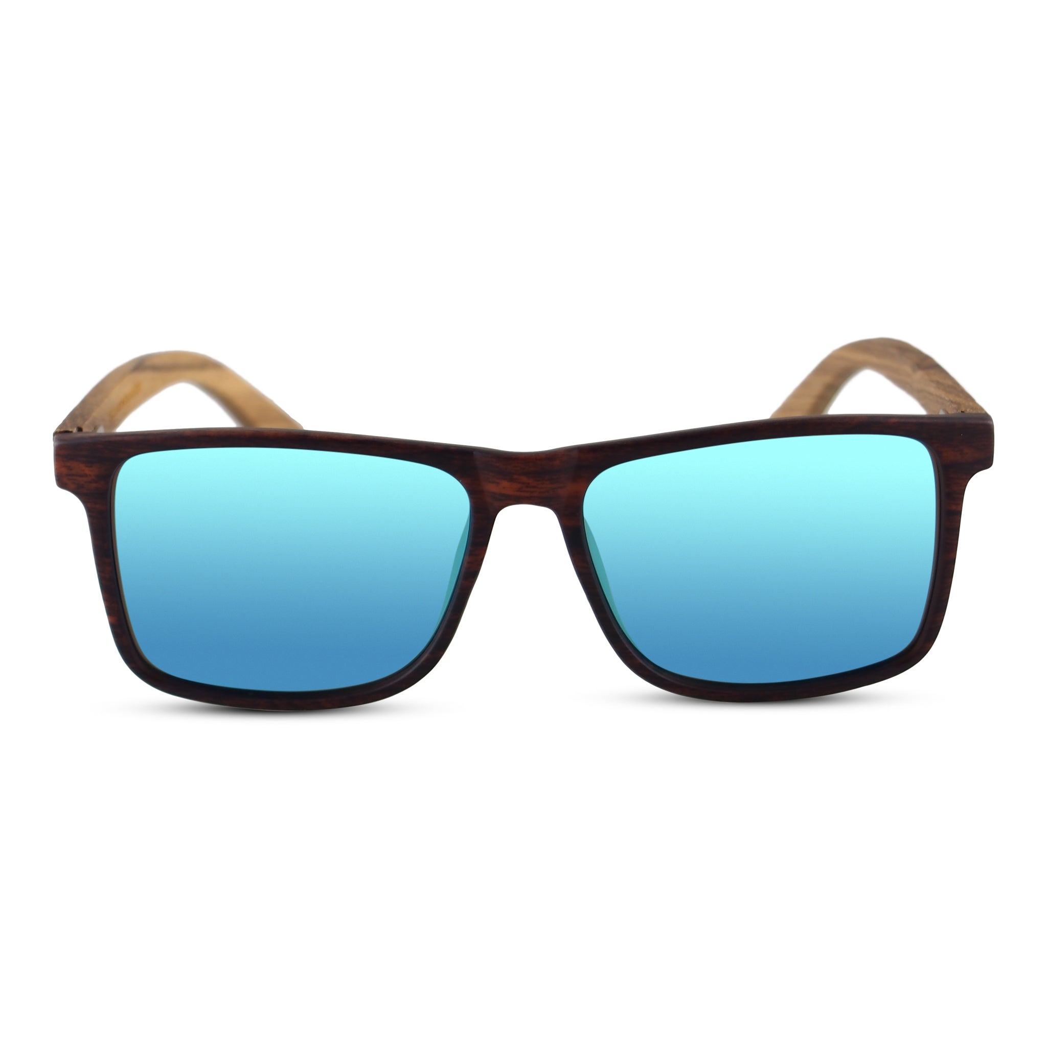 Slim wooden sunglasses with blue lenses, zebrawood frame, rectangular front view